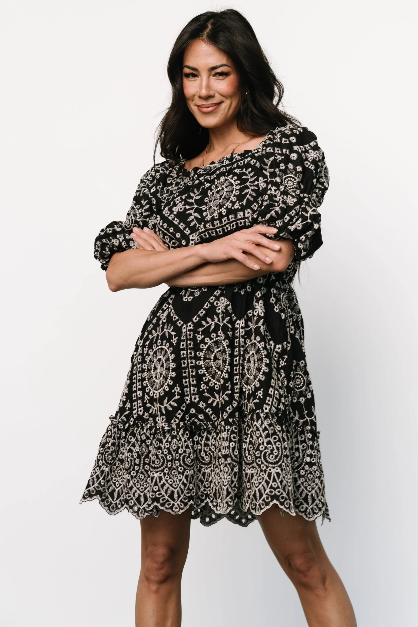 Katina Embroidered Short Dress | Black + White