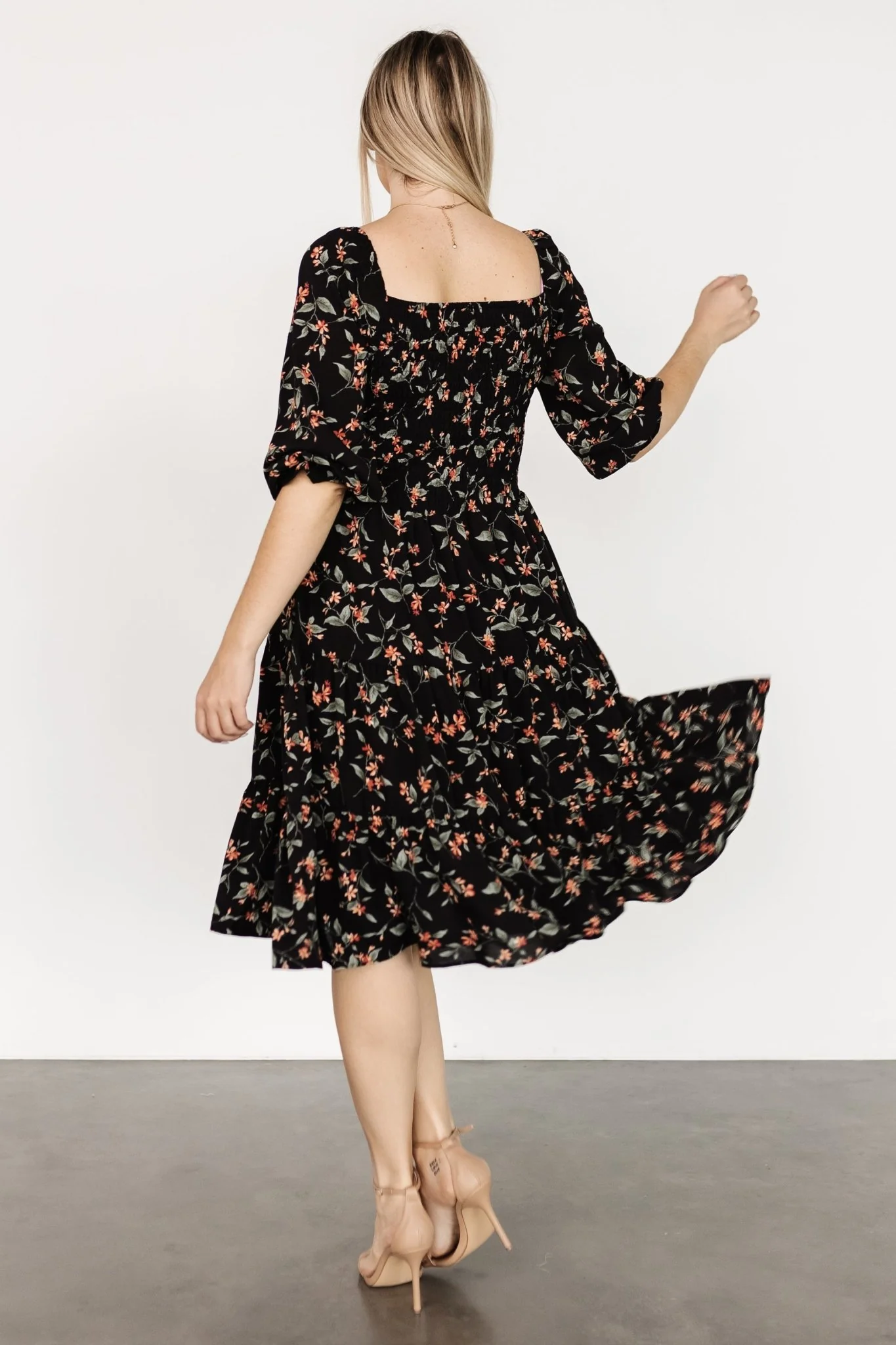 Marta Smocked Midi Dress | Black Floral