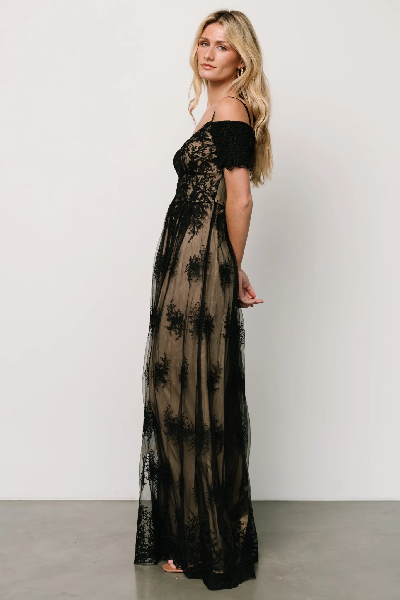 Esperanza Tulle Embroidered Maxi Dress | Black + Nude