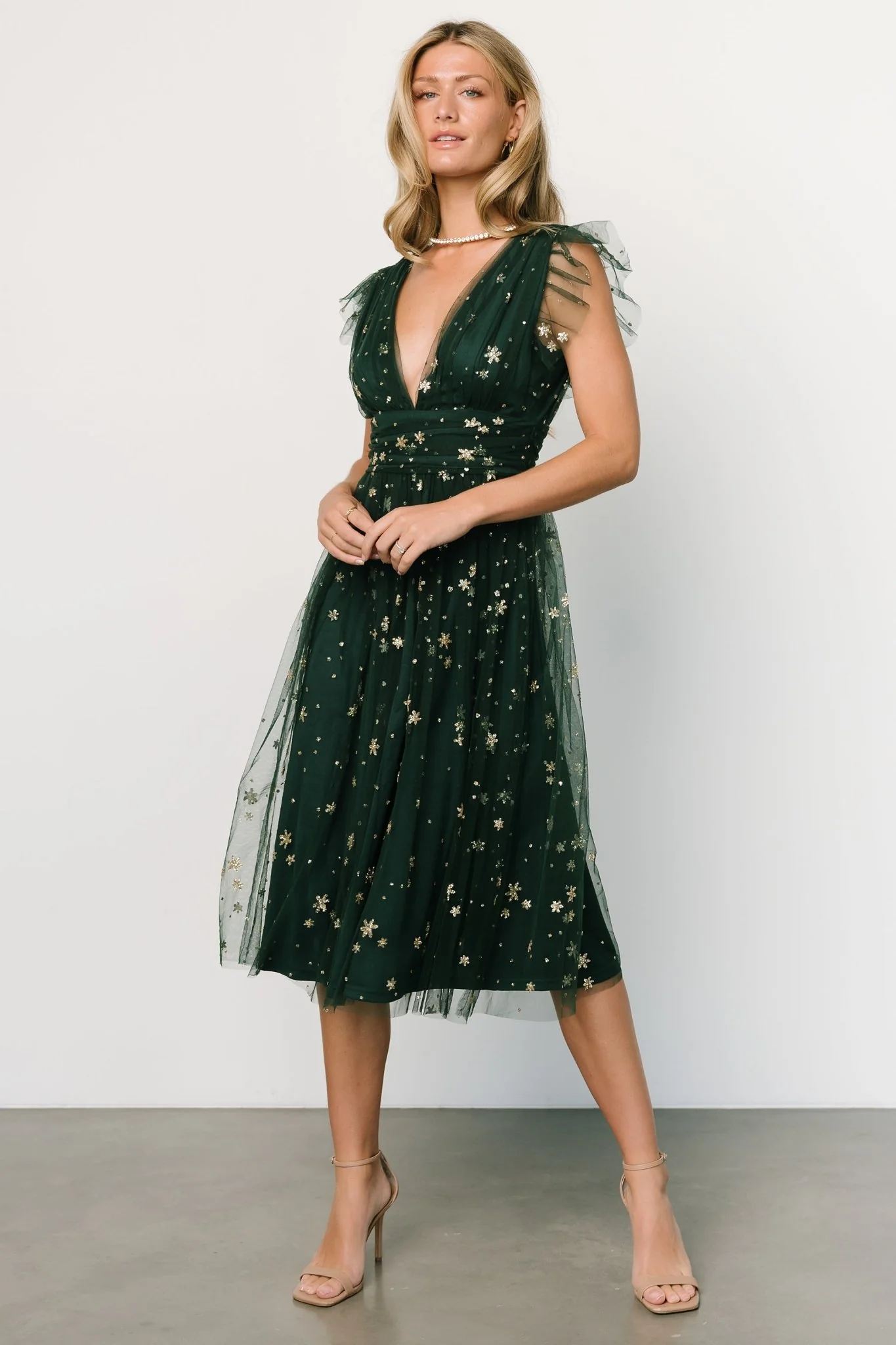 Chiara Shimmer Midi Dress | Green + Gold