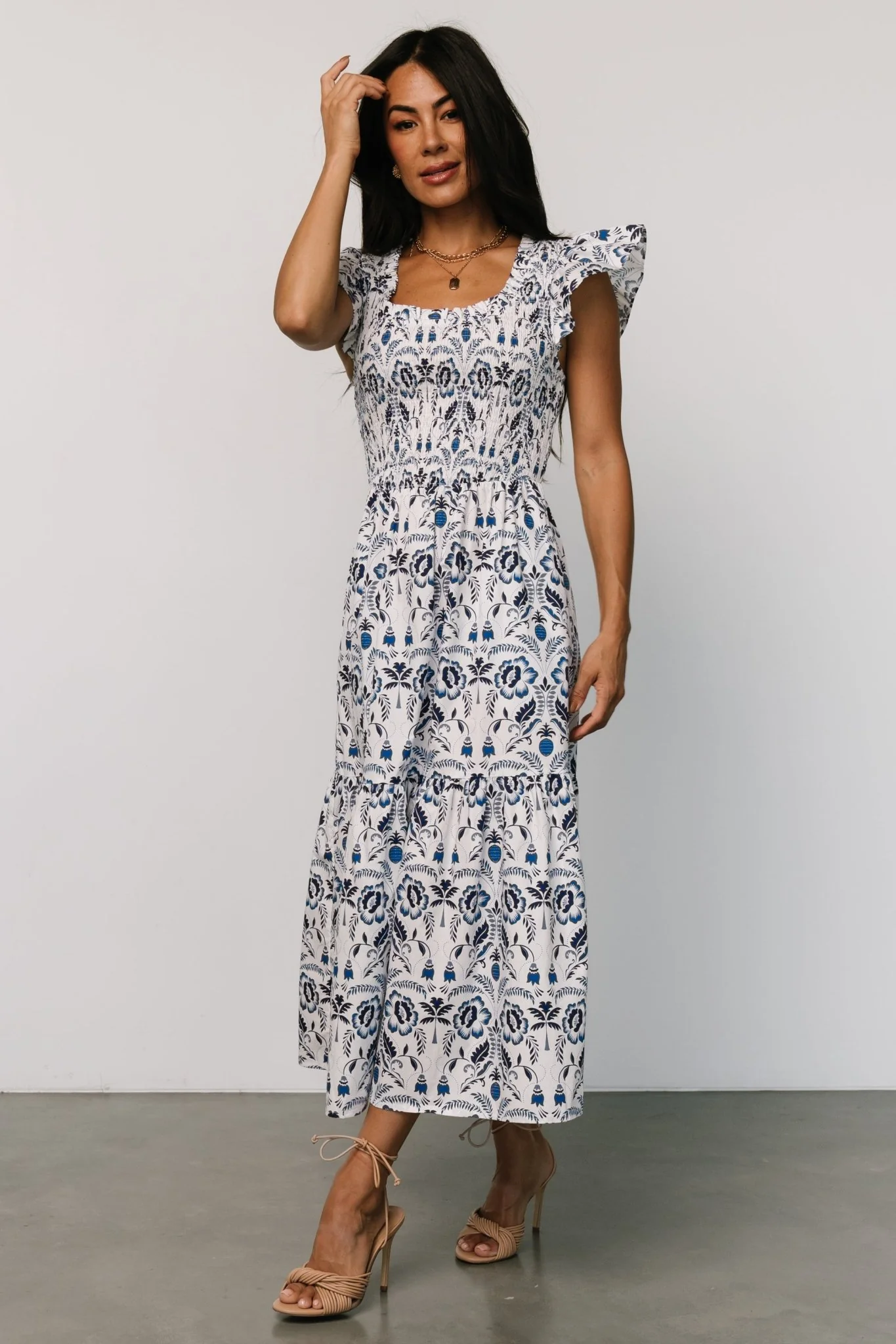 Rhodes Smocked Dress | White + Blue Print