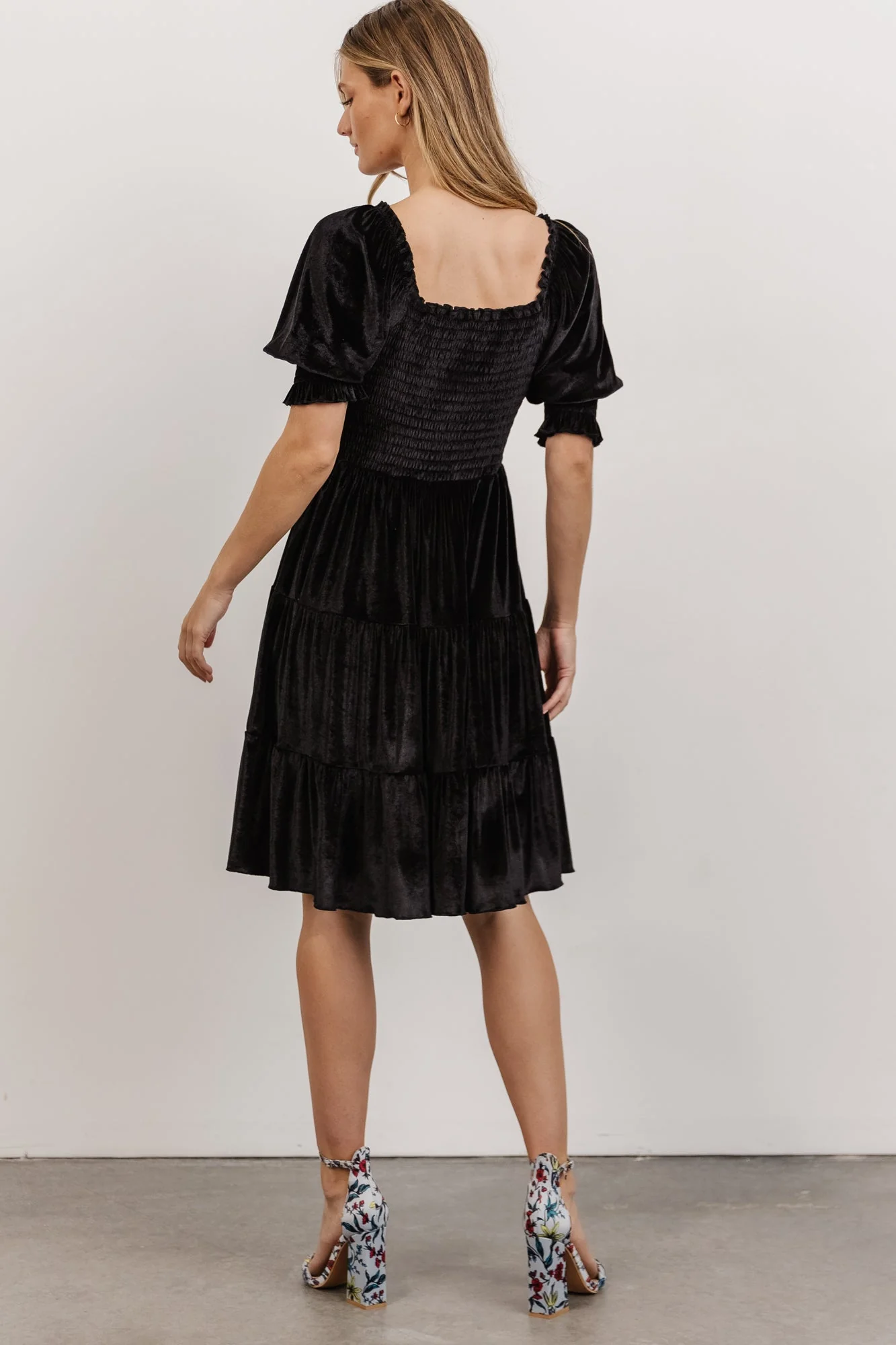 Bliss Smocked Velvet Short Dress | Black