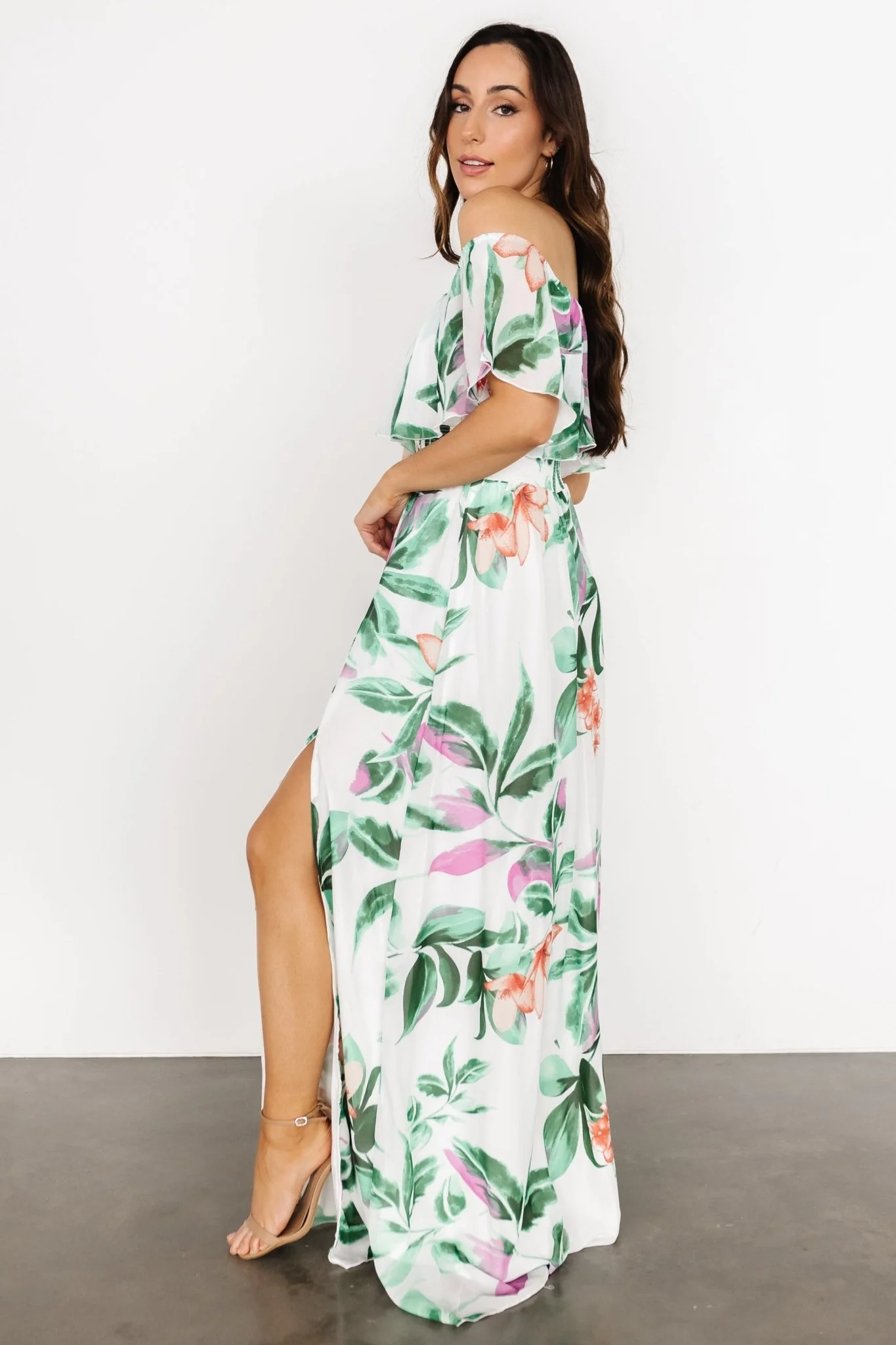 Daphne Off Shoulder Maxi Dress | White + Green Multi Floral