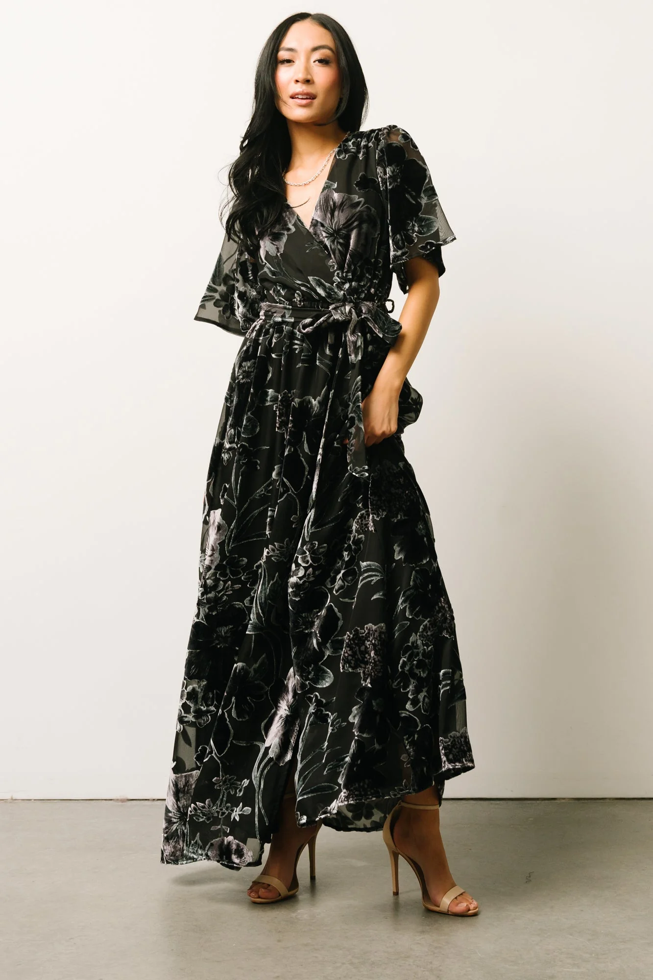 Uma Velvet Maxi Dress | Black + Silver Floral