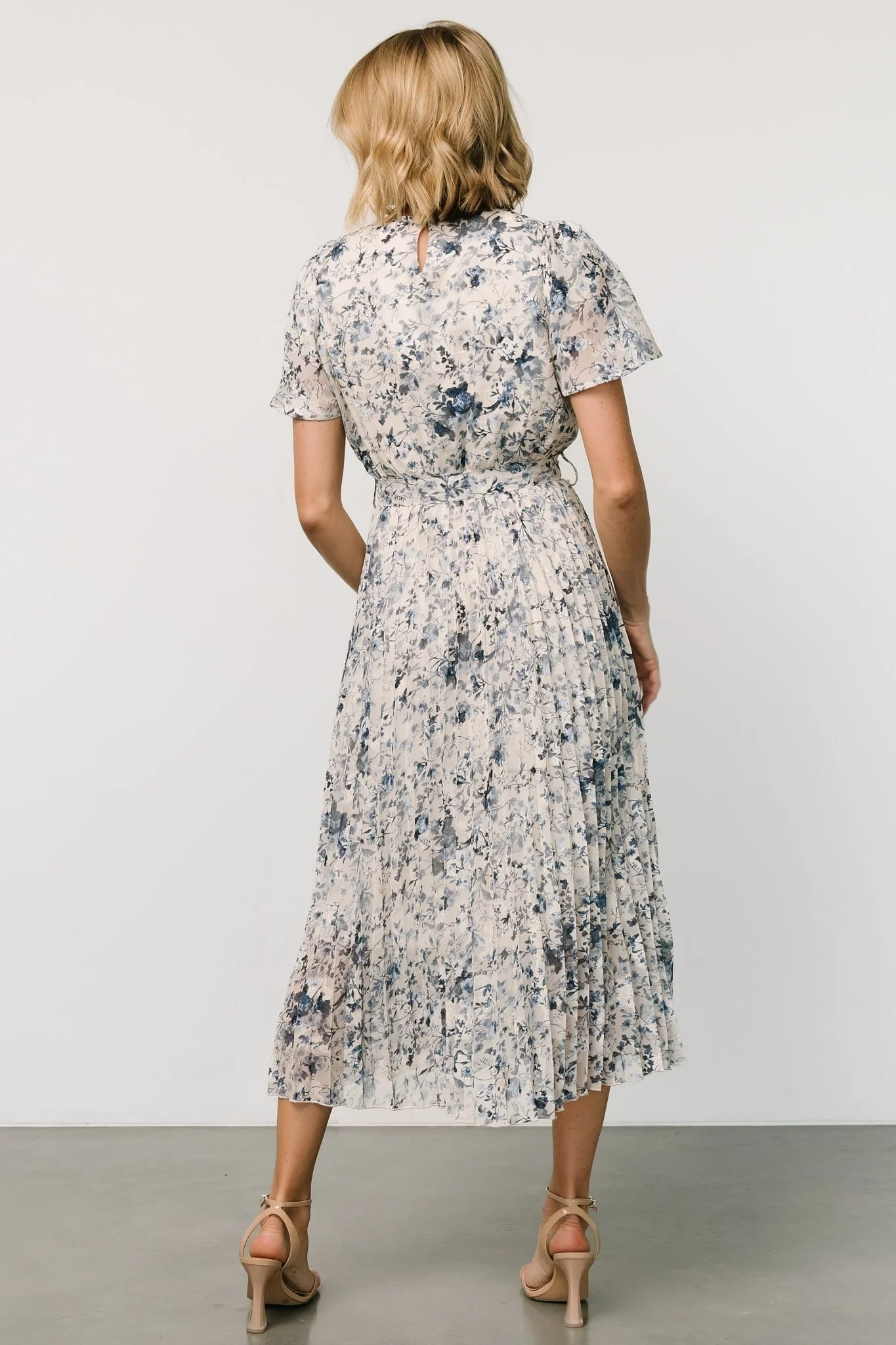 Alexandra Pleated Dress | Off White + Blue