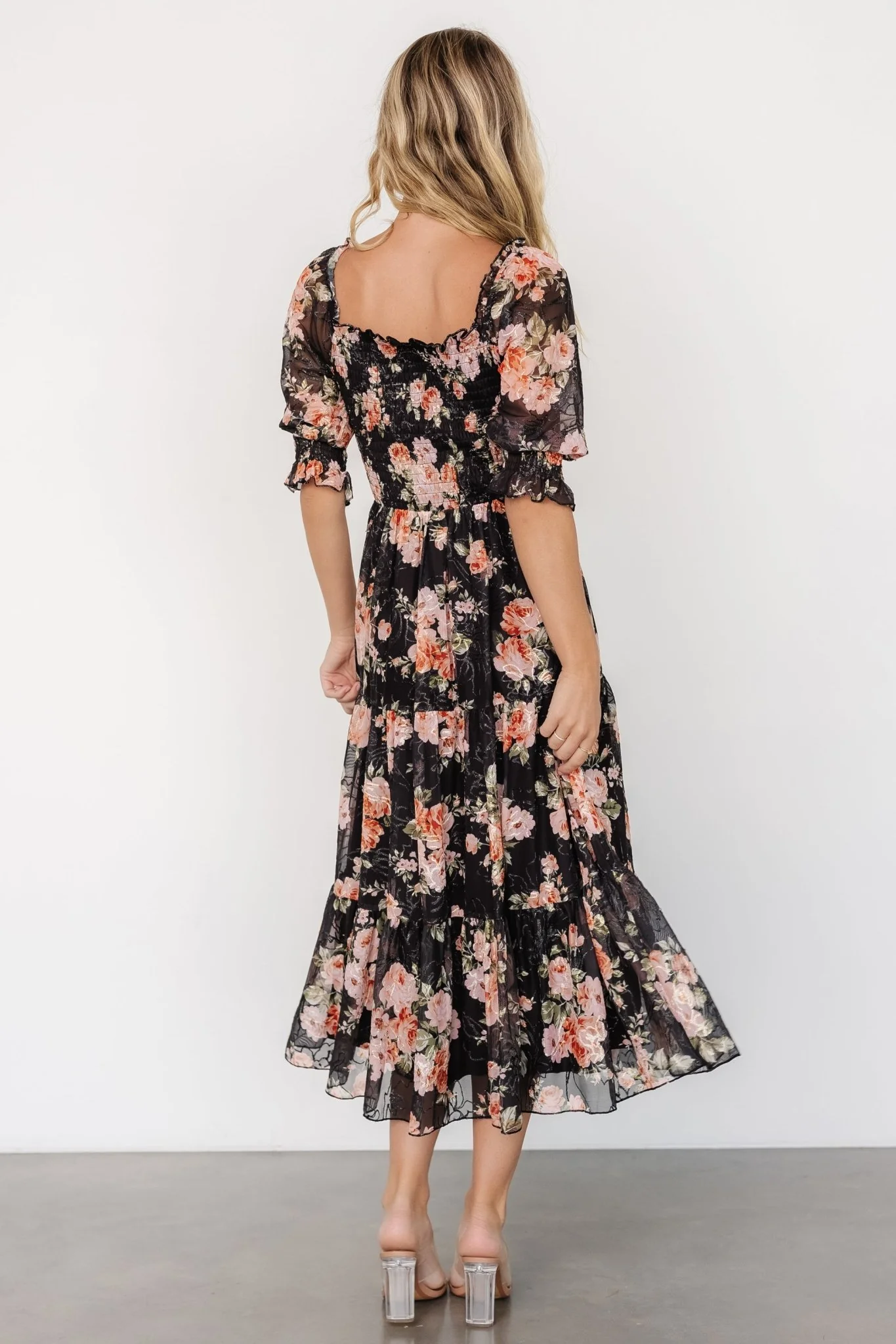 Fabian Jacquard Midi Dress | Peach + Black Floral