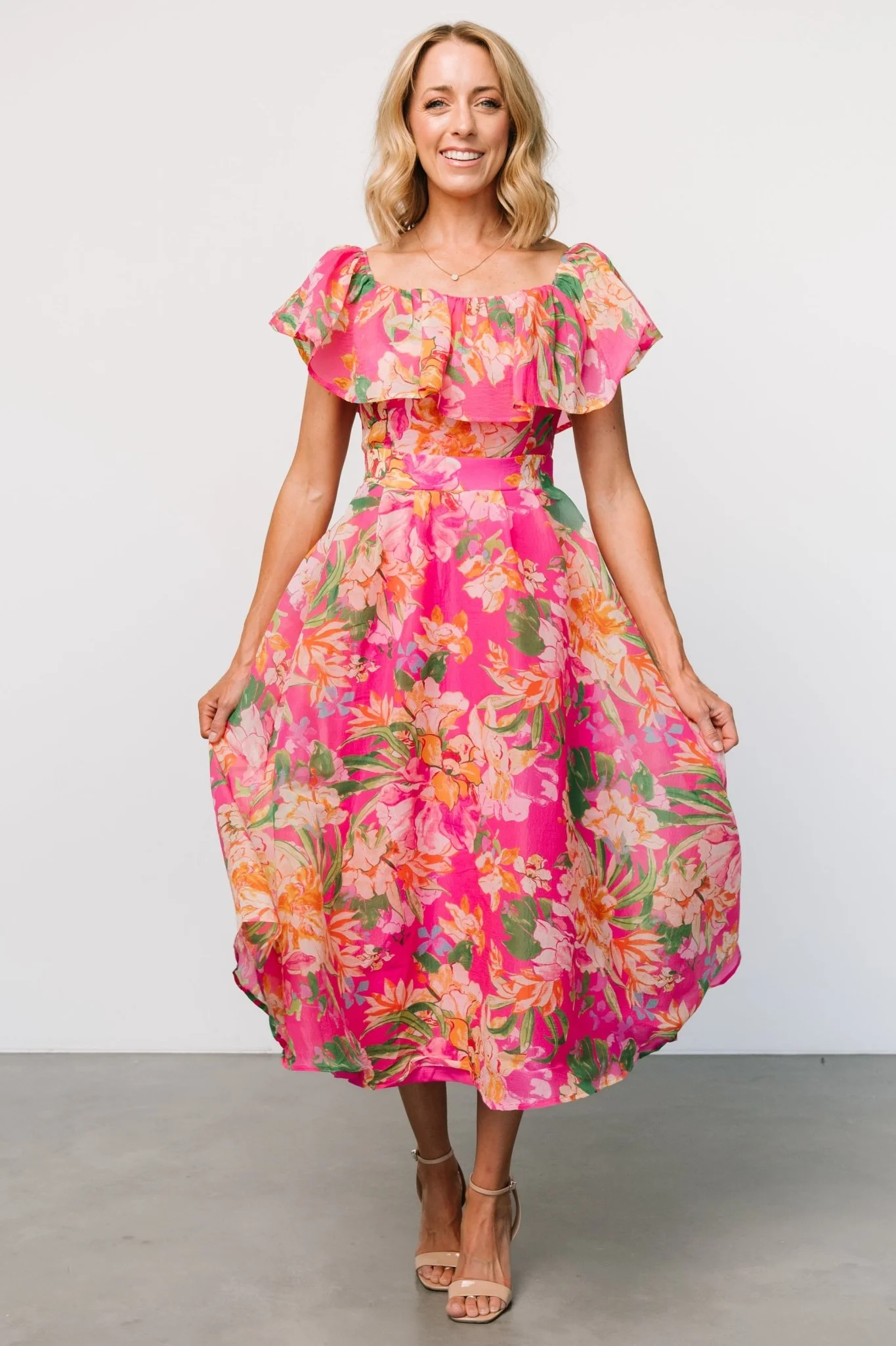 Kartini Off Shoulder Midi Dress | Fuchsia Multi