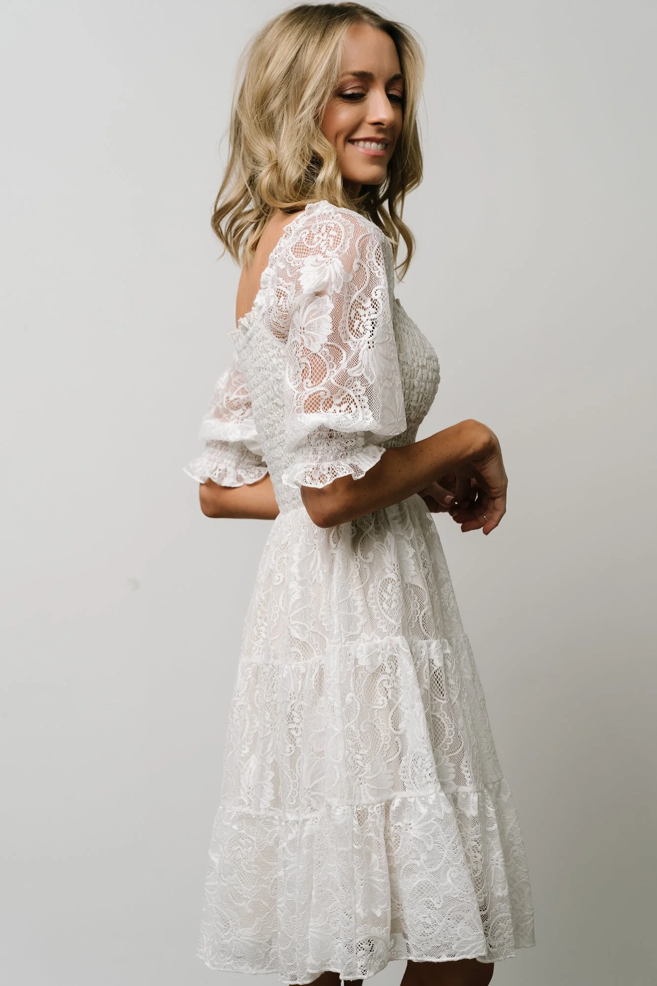 Tate Smocked Lace Short Dress | Off White