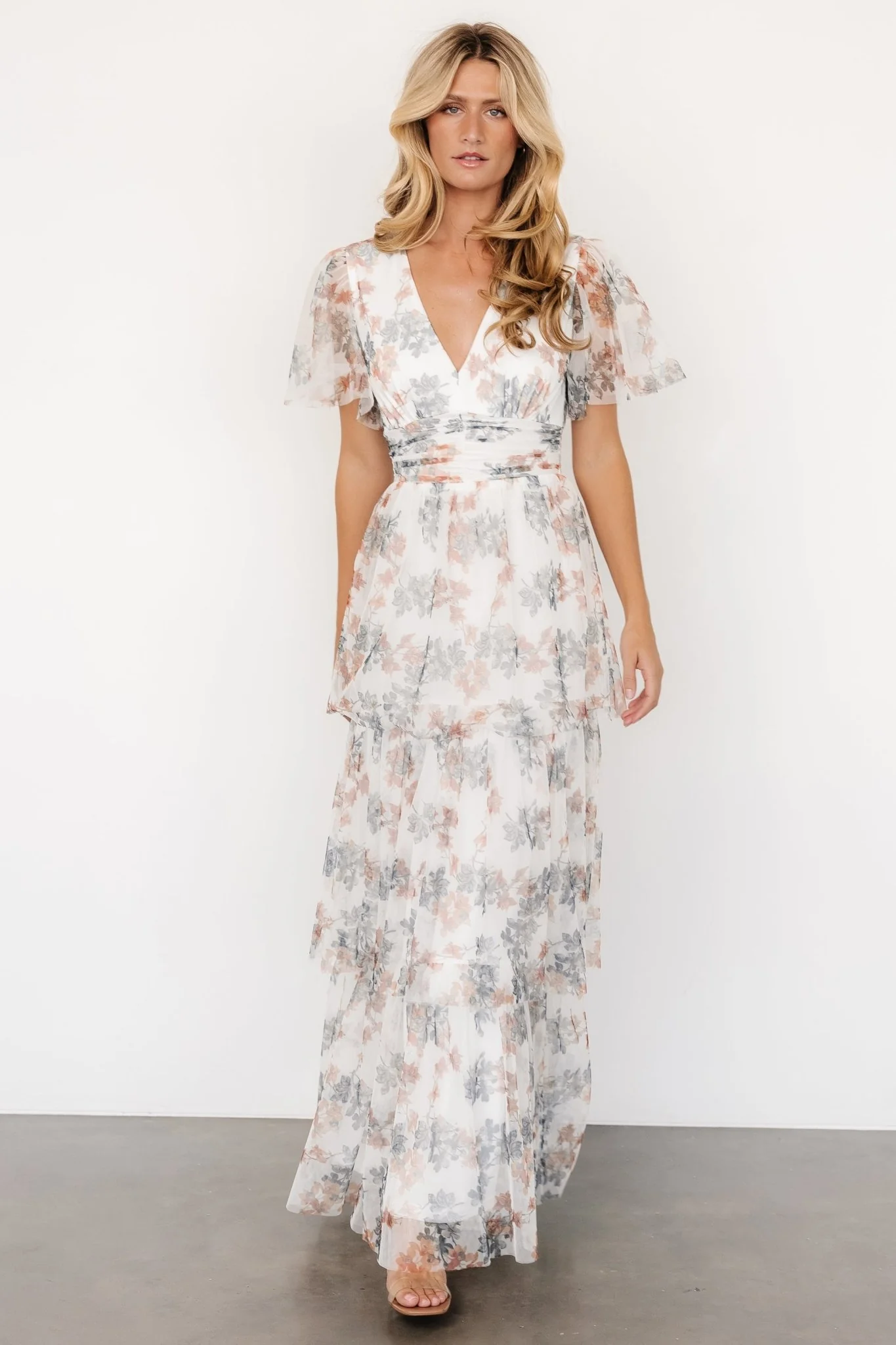 Elinor Tiered Tulle Dress | Off White + Peach Floral