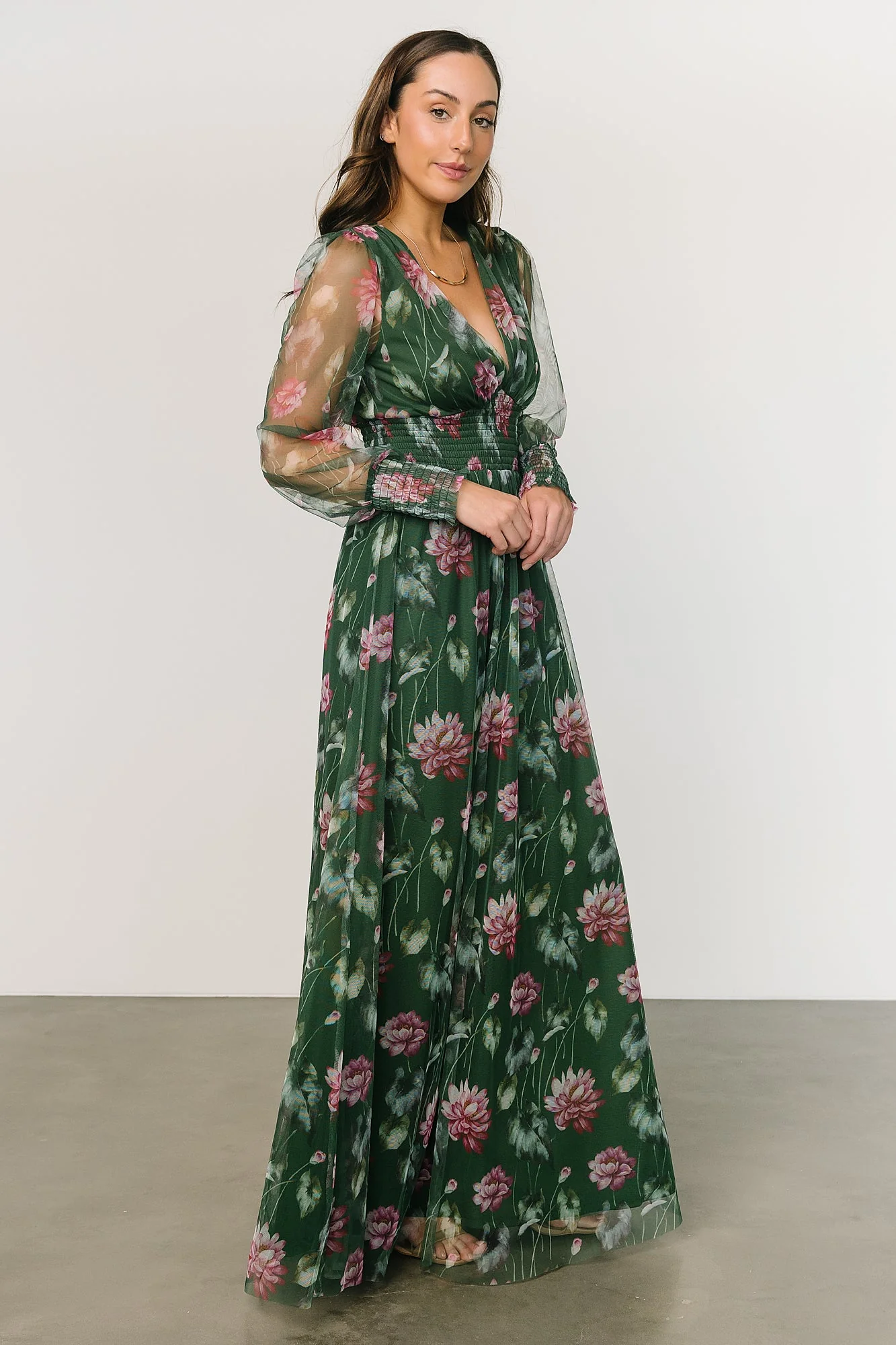 Layla Tulle Maxi Dress | Green + Pink Floral