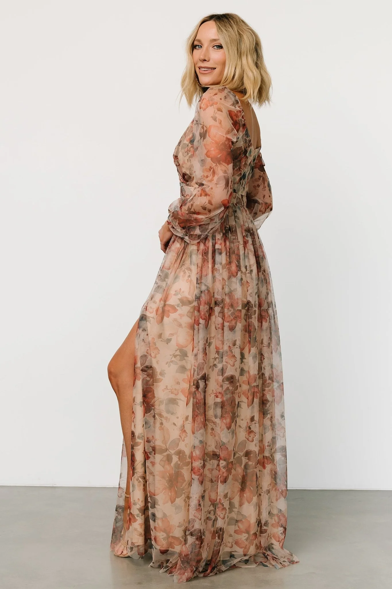 Desiree Tulle Maxi Dress | Taupe Floral