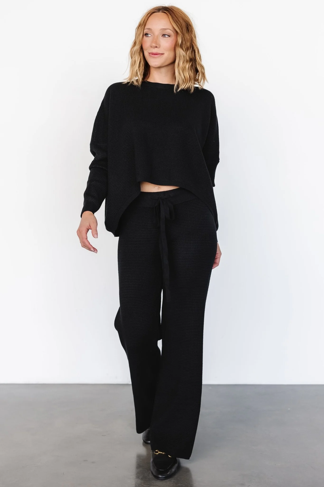 Owen Waffle Sweater Top | Black