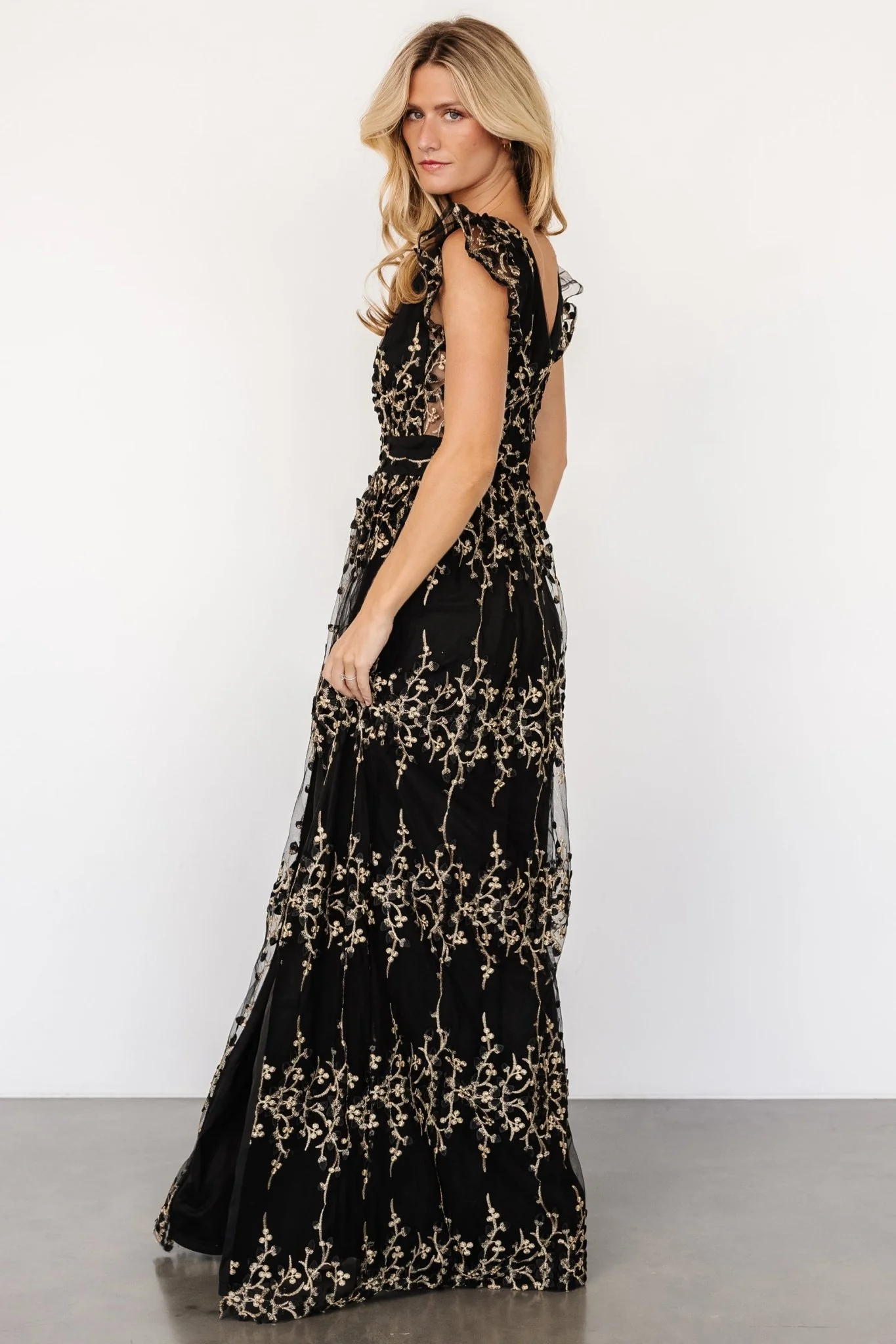 Eva Embroidered Maxi Dress | Black + Gold