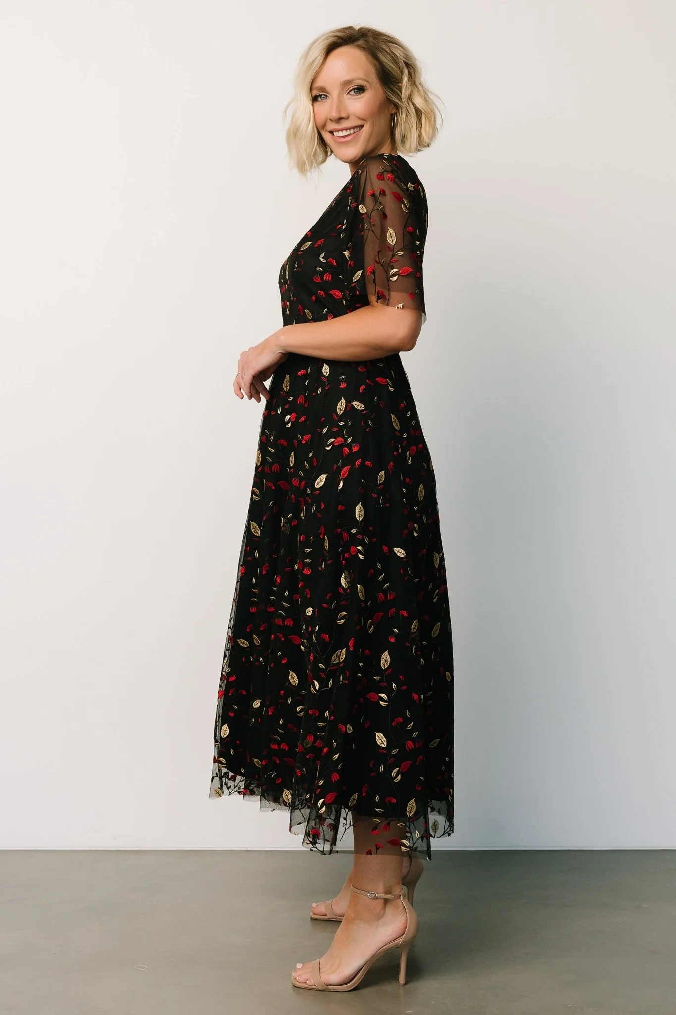 Arabella Embroidered Tulle Maxi Dress | Black + Red