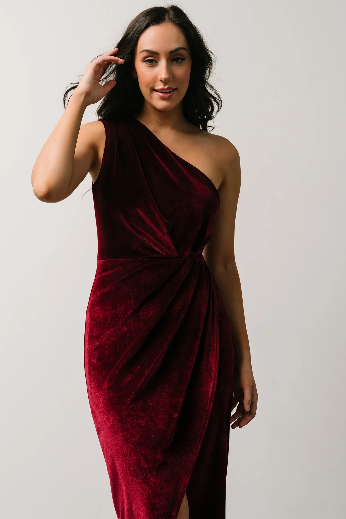 Kourtney Velvet One Shoulder Midi Dress | Merlot