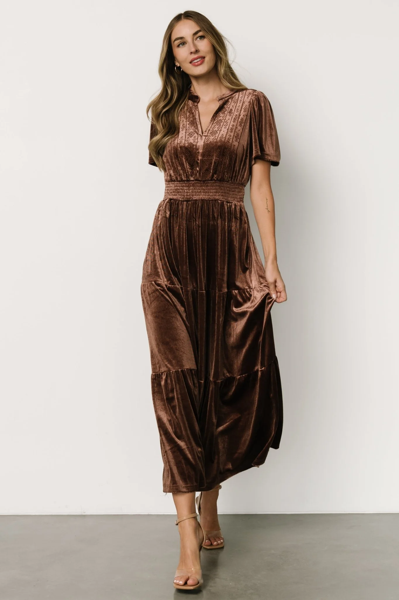 Maida Embroidered Velvet Dress | Chocolate