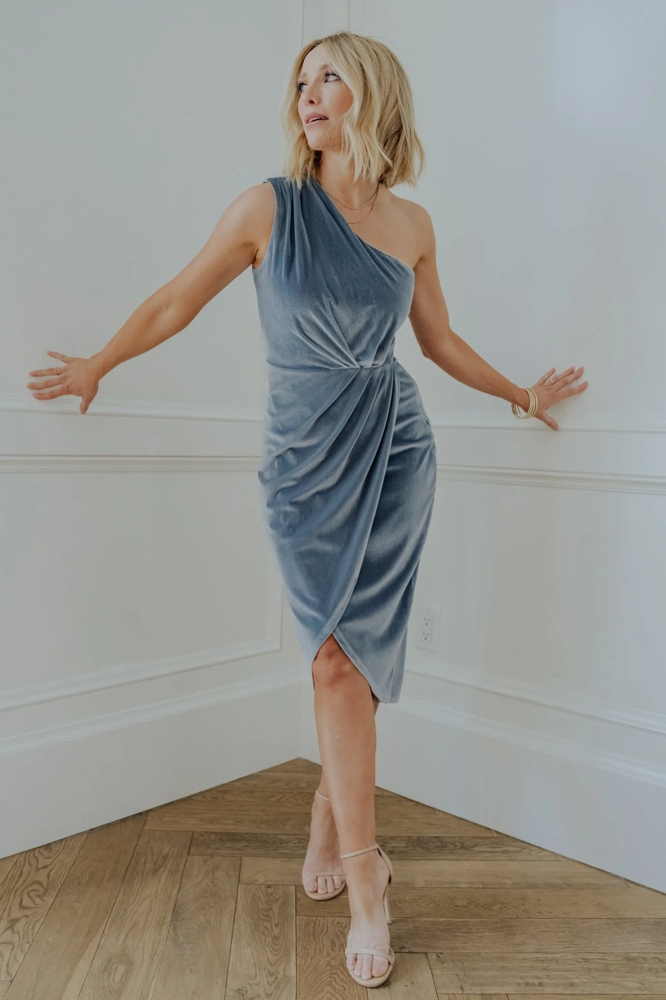 Kourtney Velvet One Shoulder Midi Dress | Dusty Blue