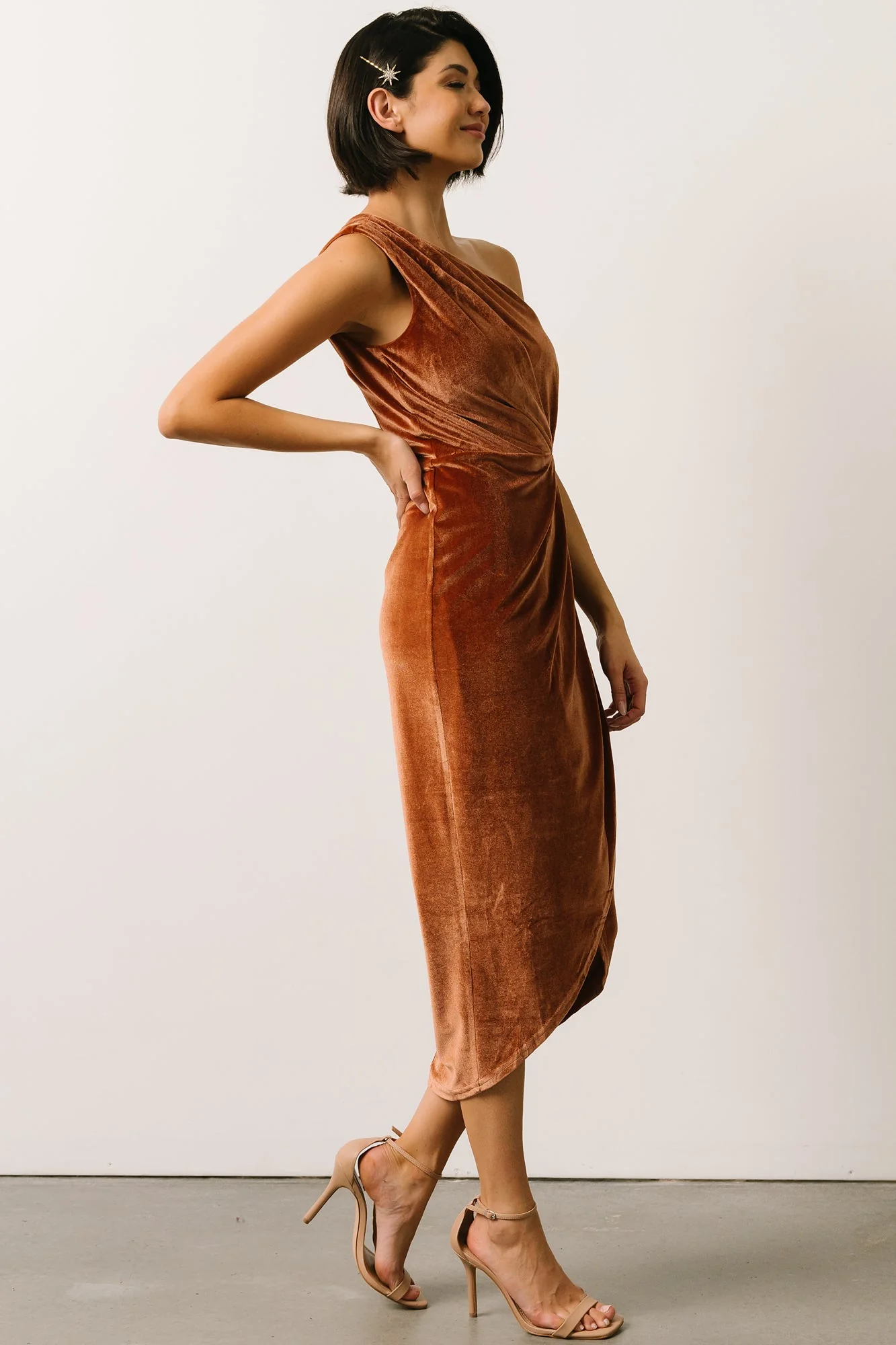 Kourtney Velvet One Shoulder Midi Dress | Spice