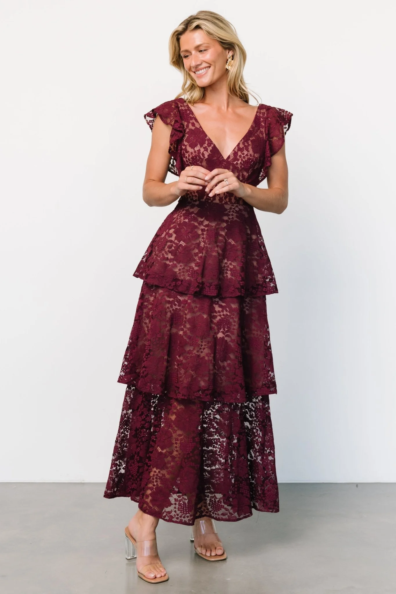 Margot Lace Tiered Maxi Dress | Wine