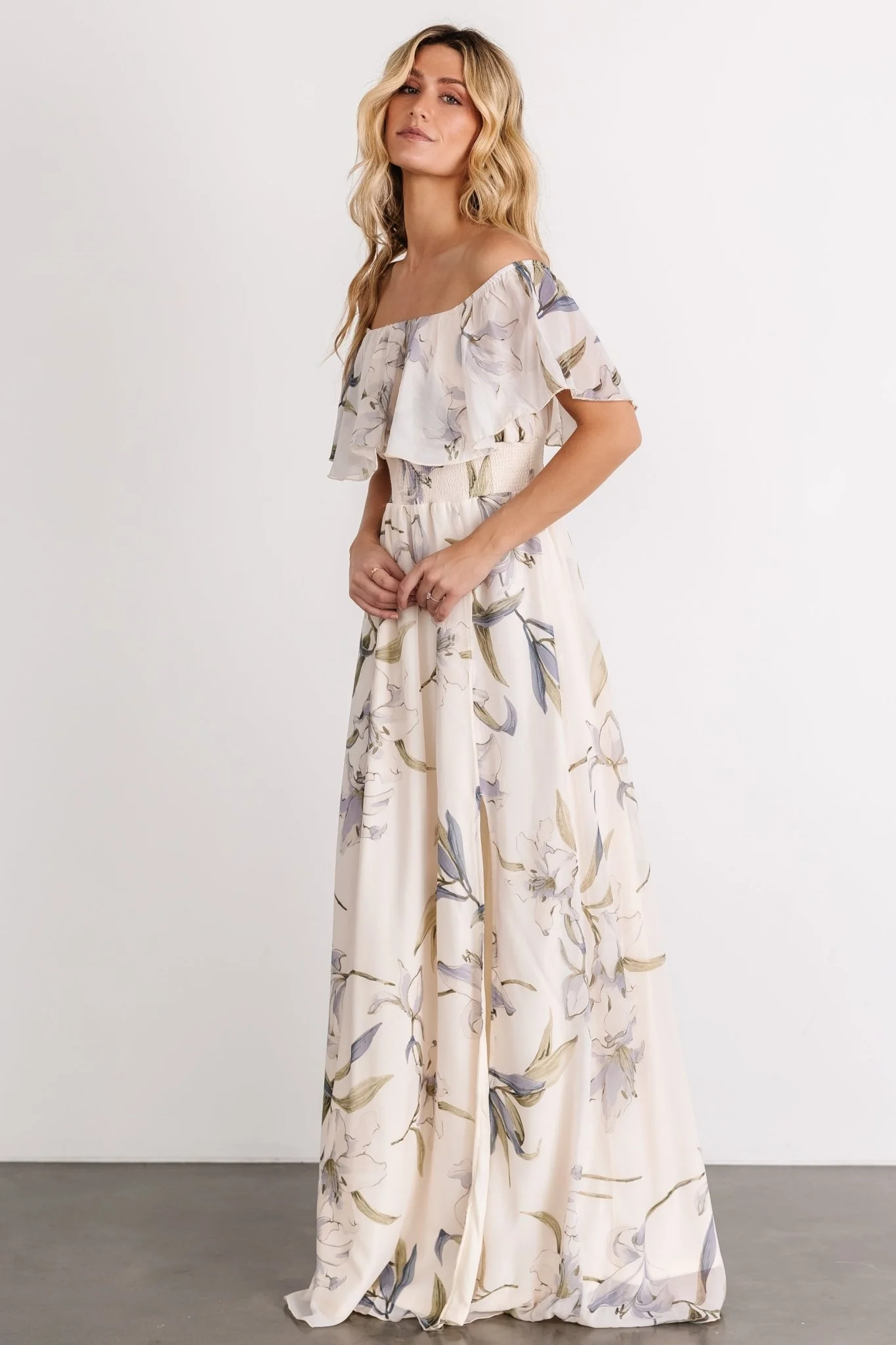 Daphne Off Shoulder Maxi Dress | Beige + Blue Floral