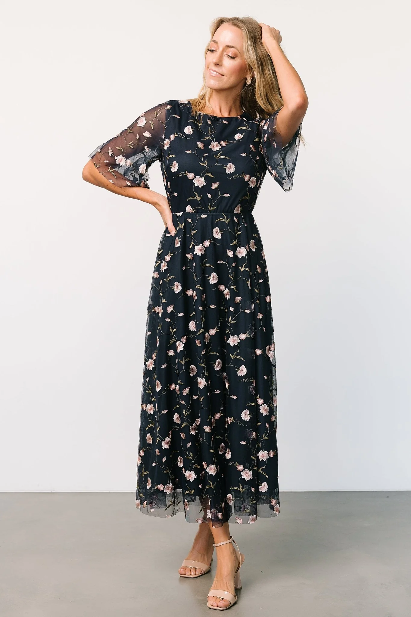 Arabella Embroidered Tulle Maxi Dress | Pink + Navy