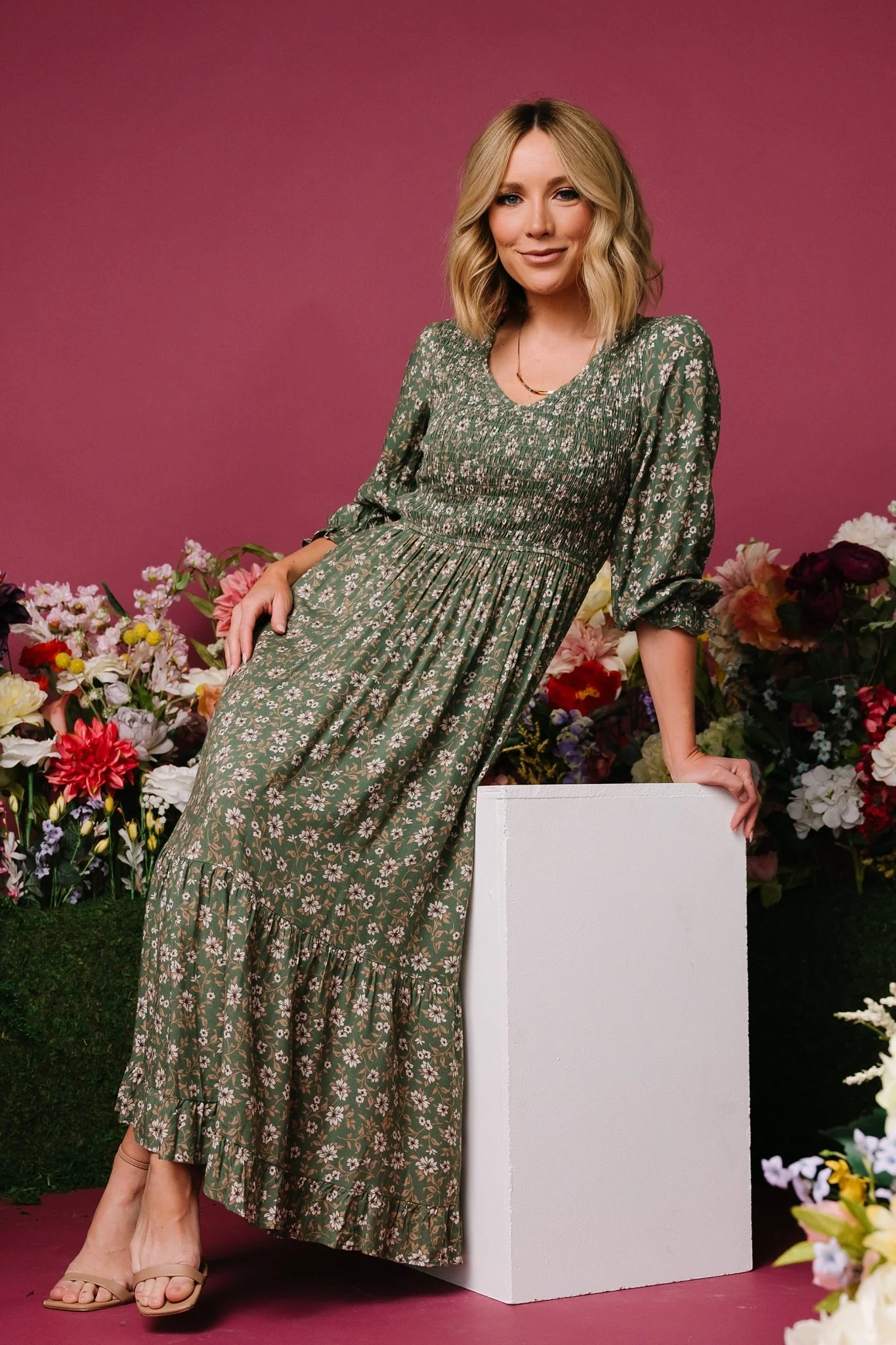 Tarryn Smocked Midi Dress | Olive Floral