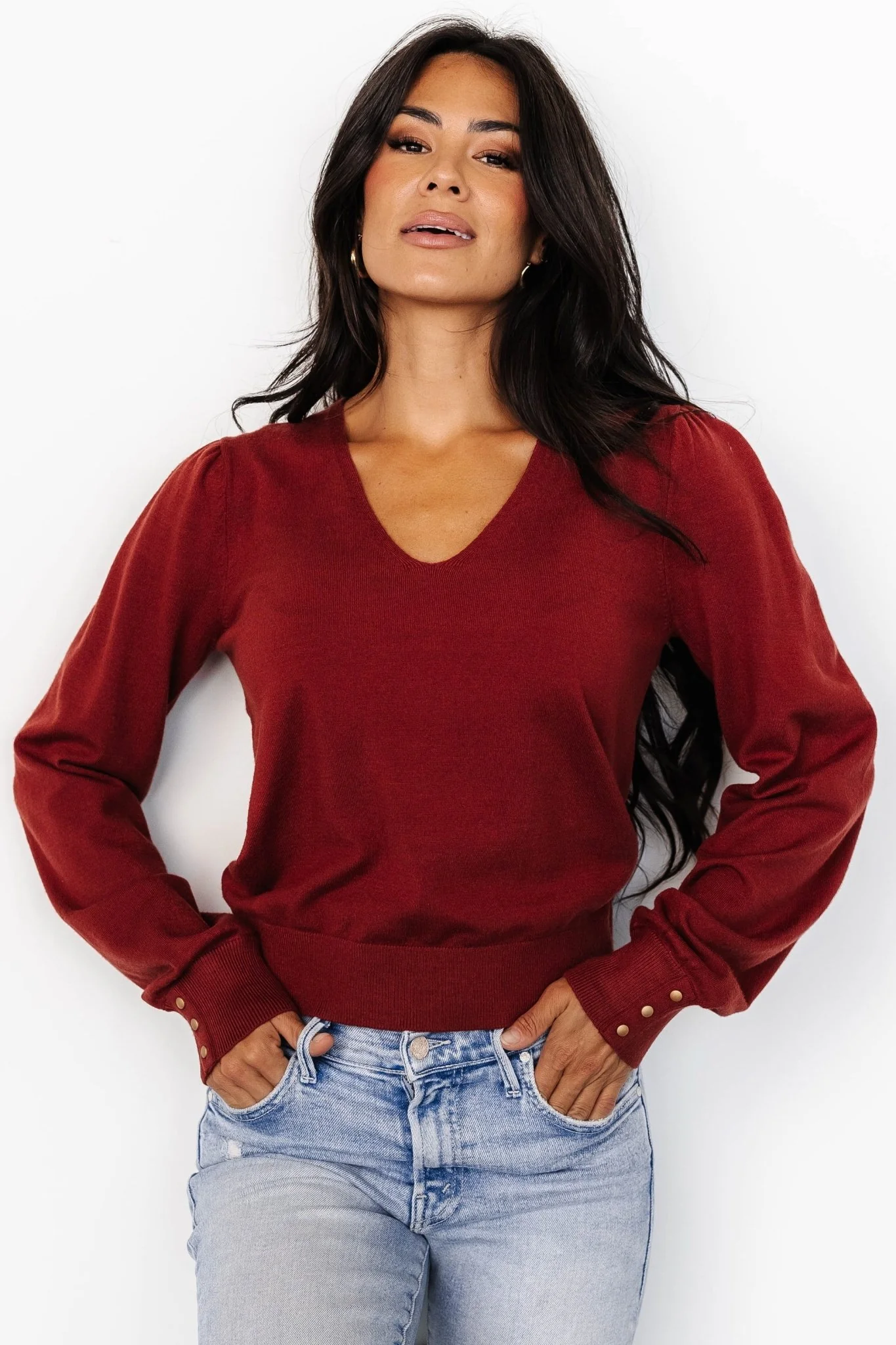Sheila V Neck Sweater Top | Brick