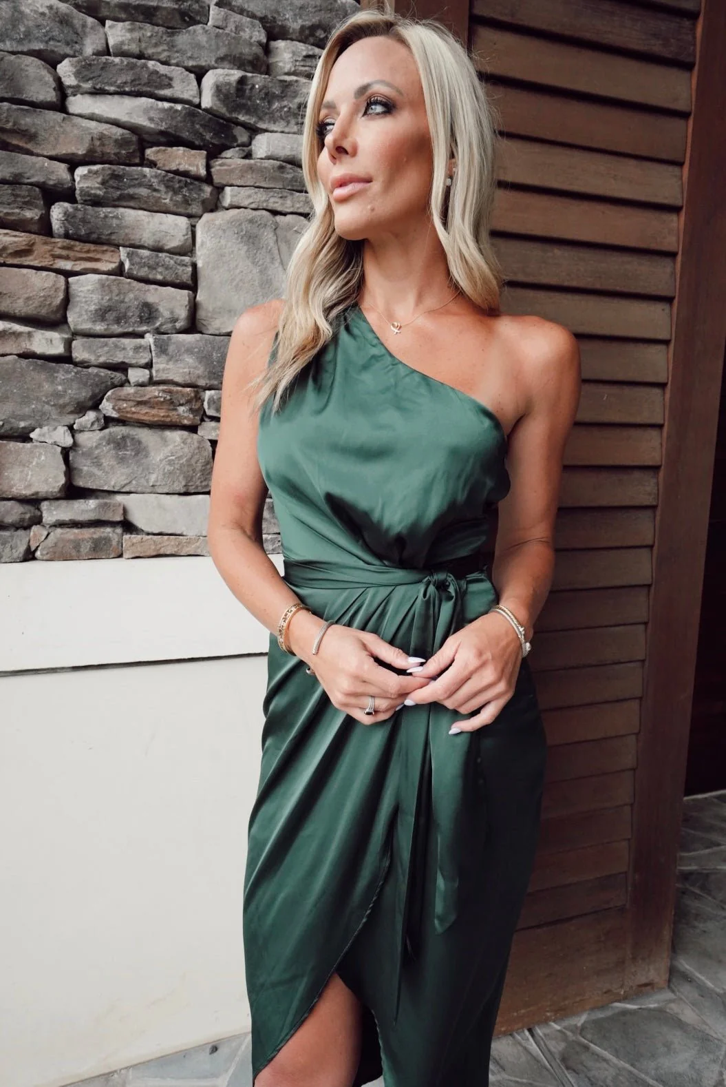 Celia One Shoulder Midi Dress | Dark Green