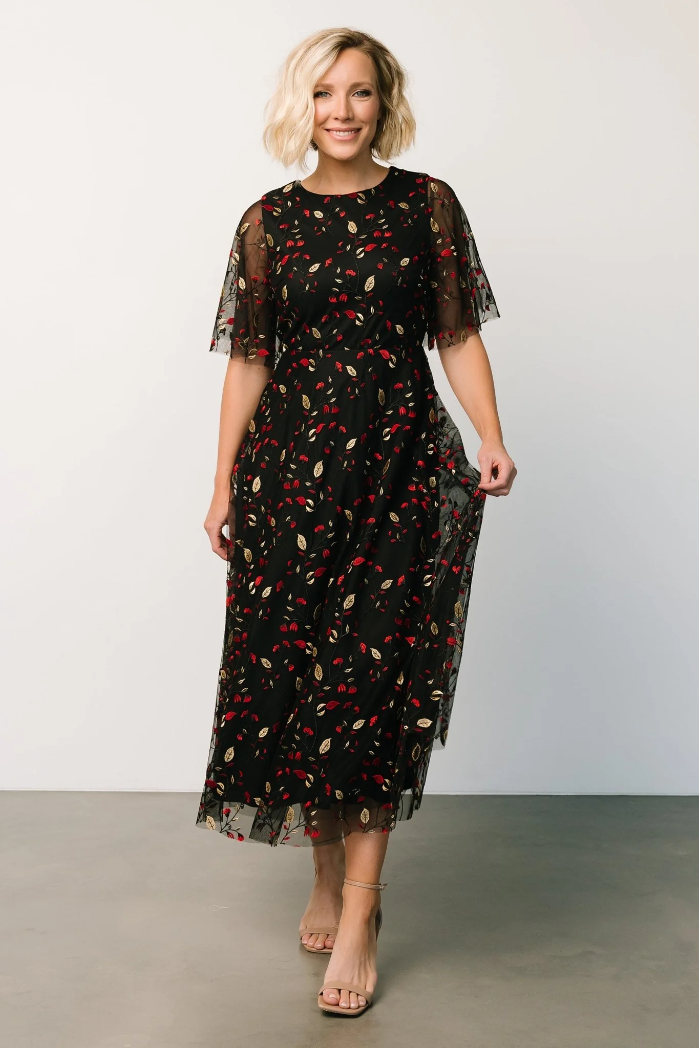 Arabella Embroidered Tulle Maxi Dress | Black + Red
