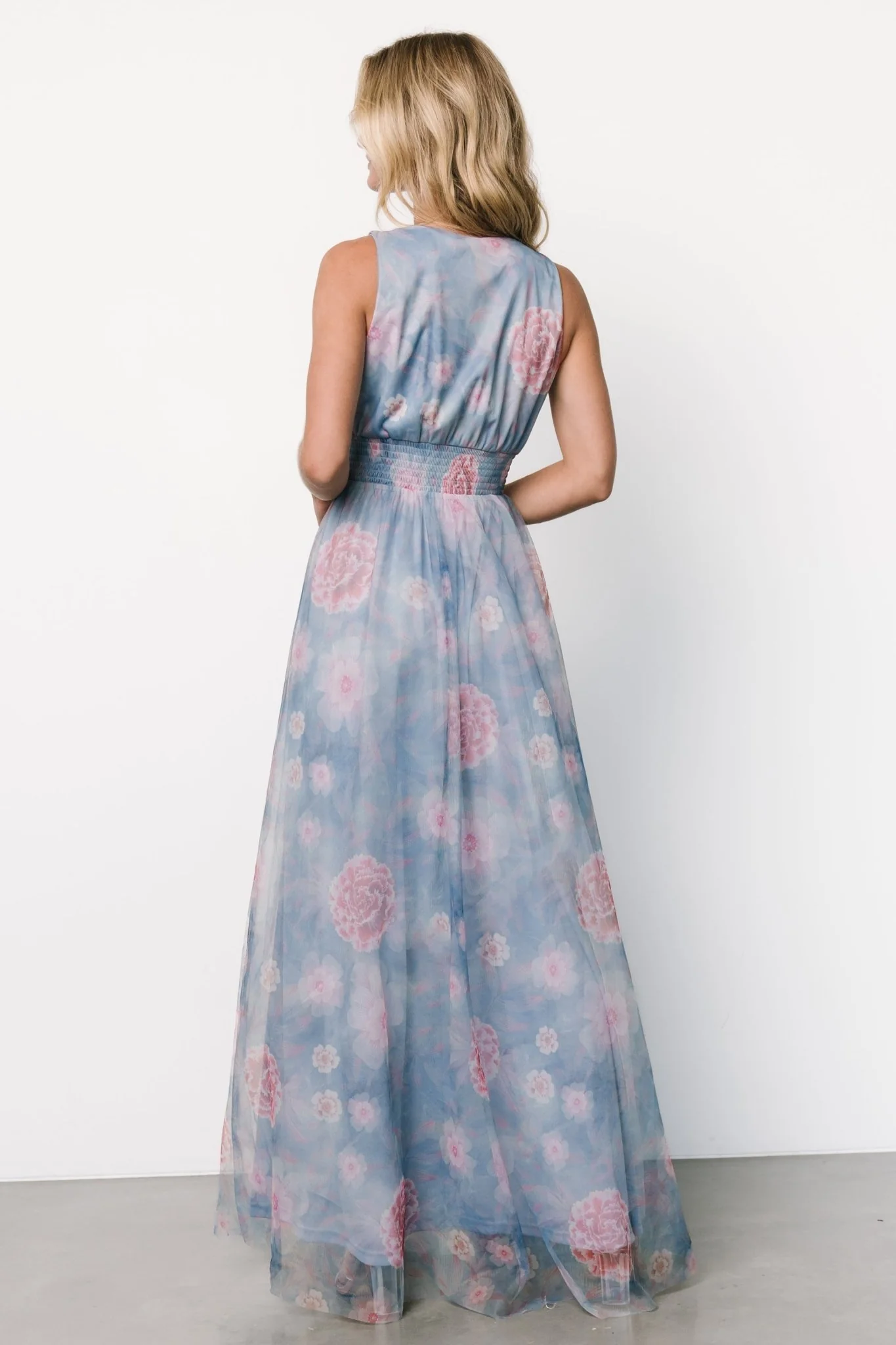 Kamila Tulle Maxi Dress | Light Blue + Pink Floral