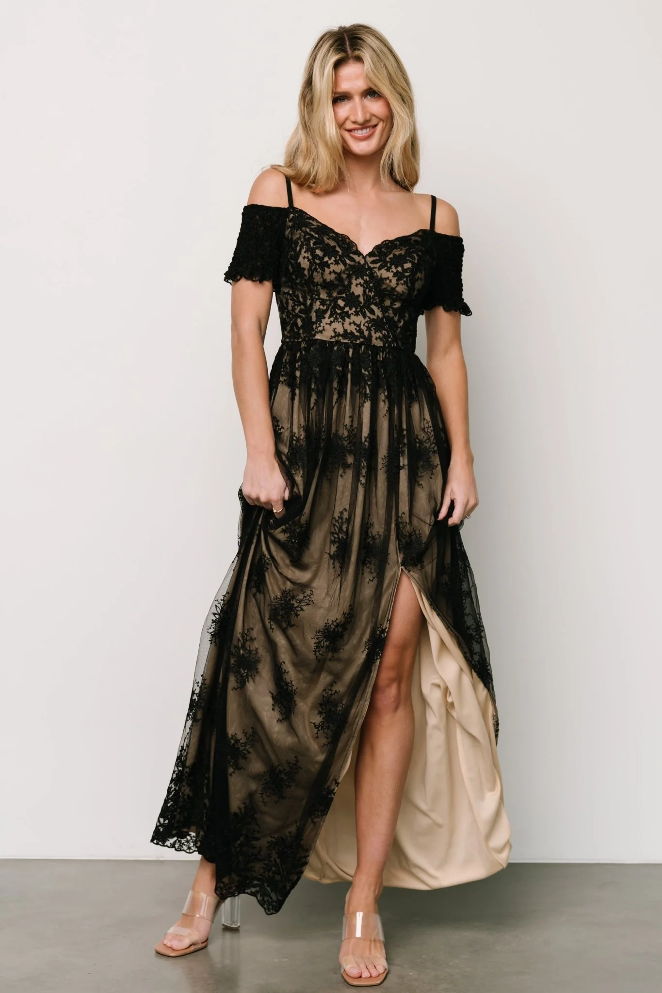 Esperanza Tulle Embroidered Maxi Dress | Black + Nude