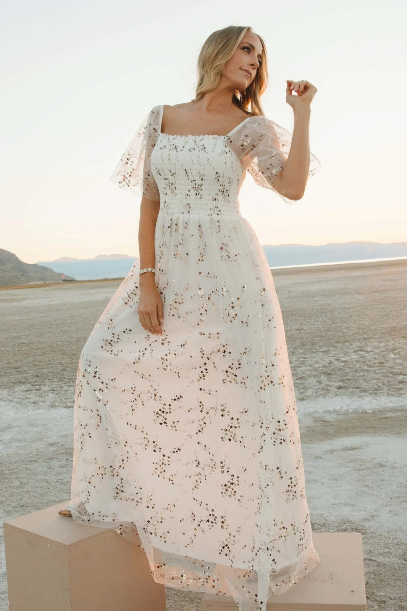 Cassandra Tulle Maxi Dress | Metallic White