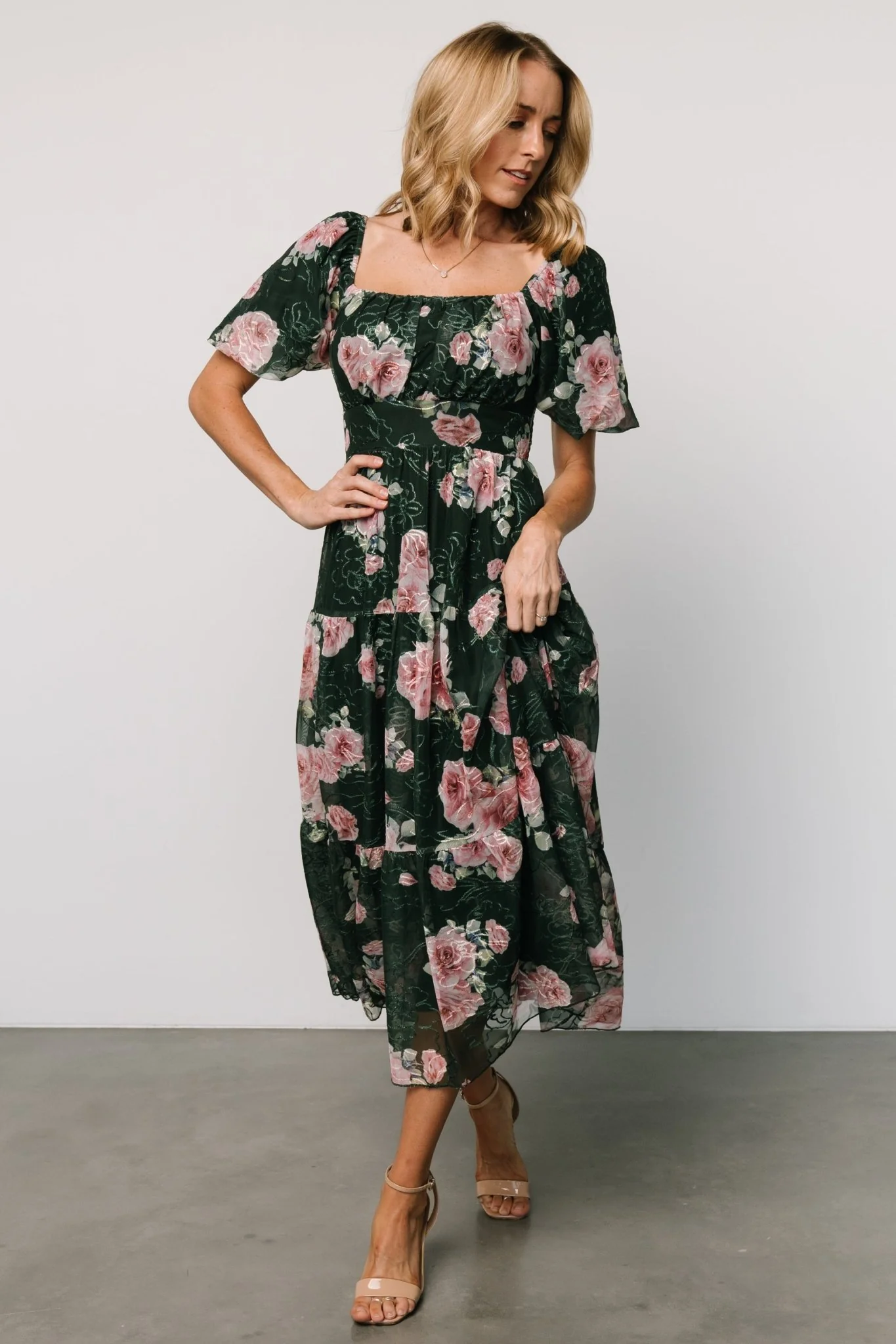 Annabeth Midi Dress | Dark Green + Pink