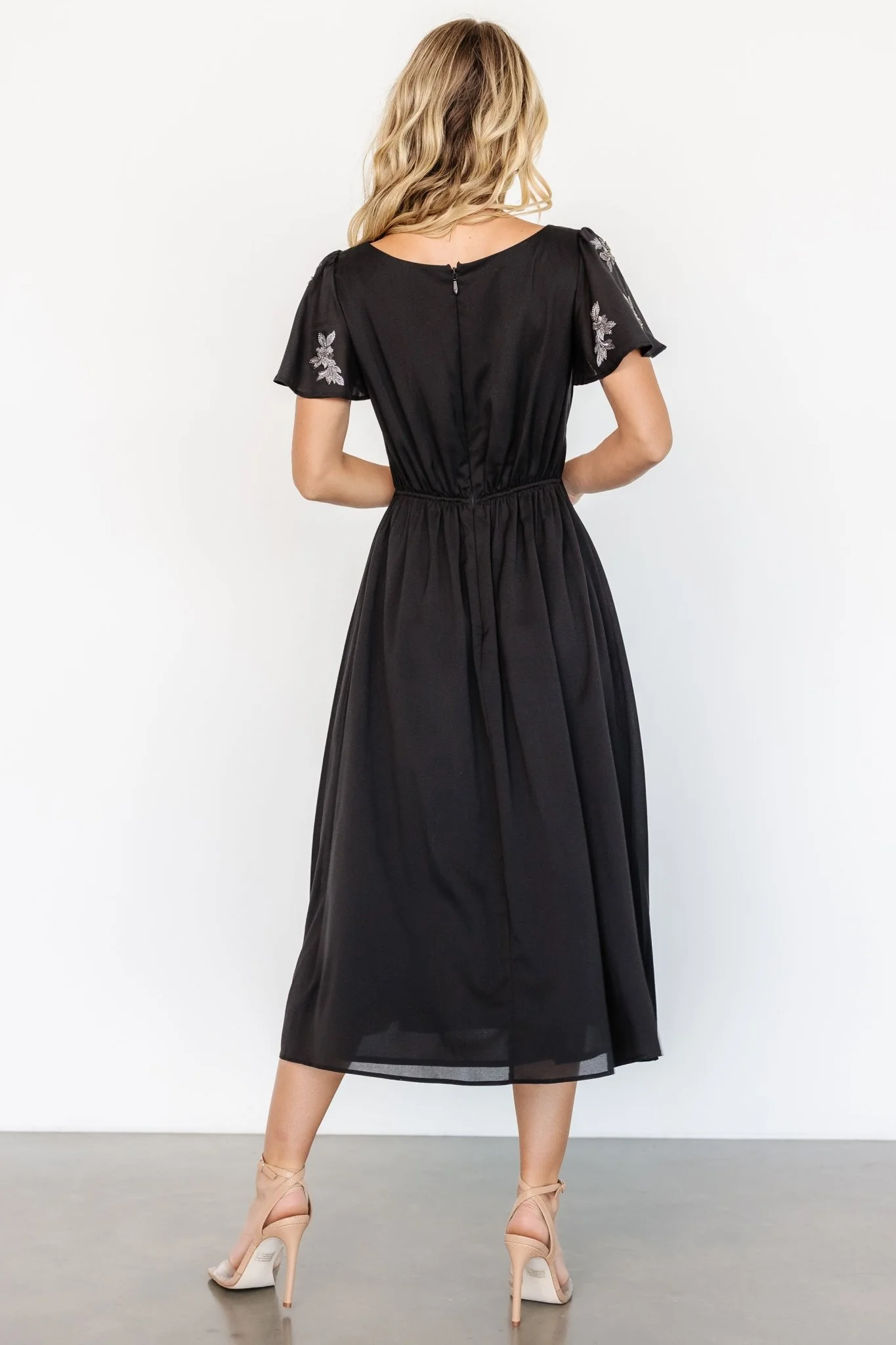 Swan Bead Embroidered Midi Dress | Black