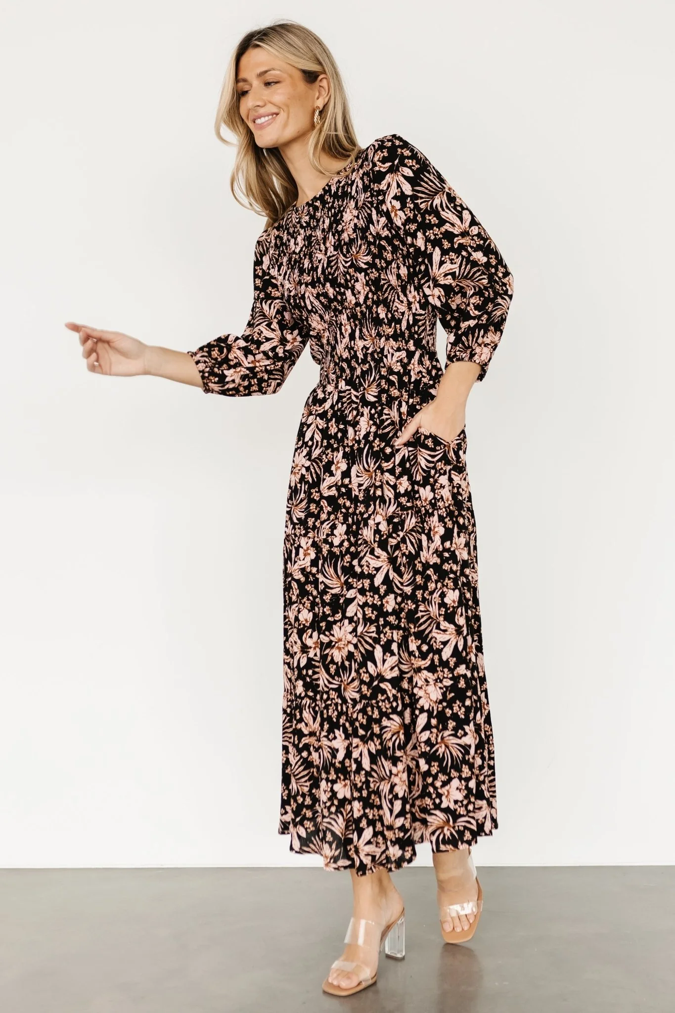 Rochelle Smocked Midi Dress | Black Multi Floral