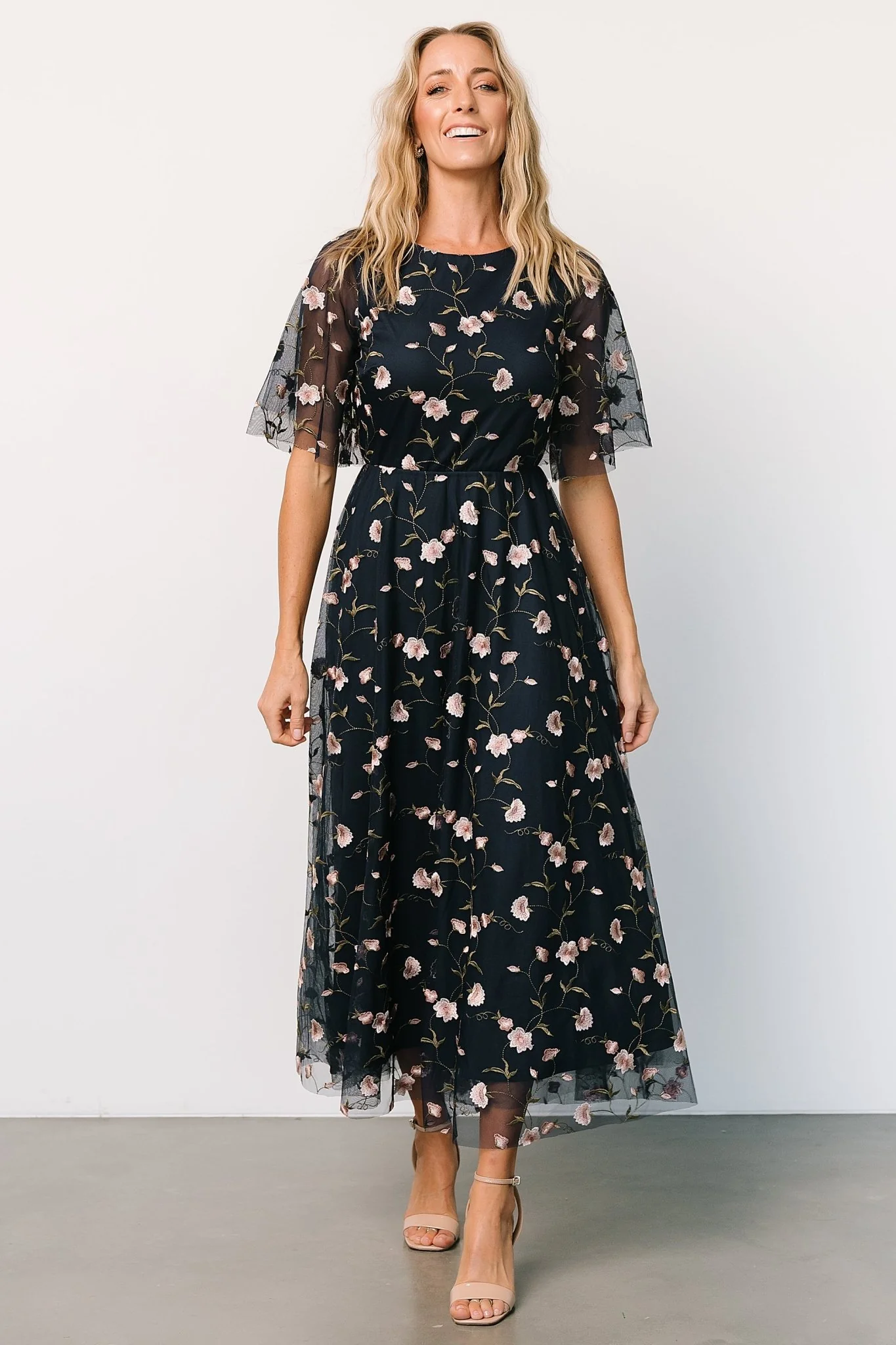 Arabella Embroidered Tulle Maxi Dress | Pink + Navy