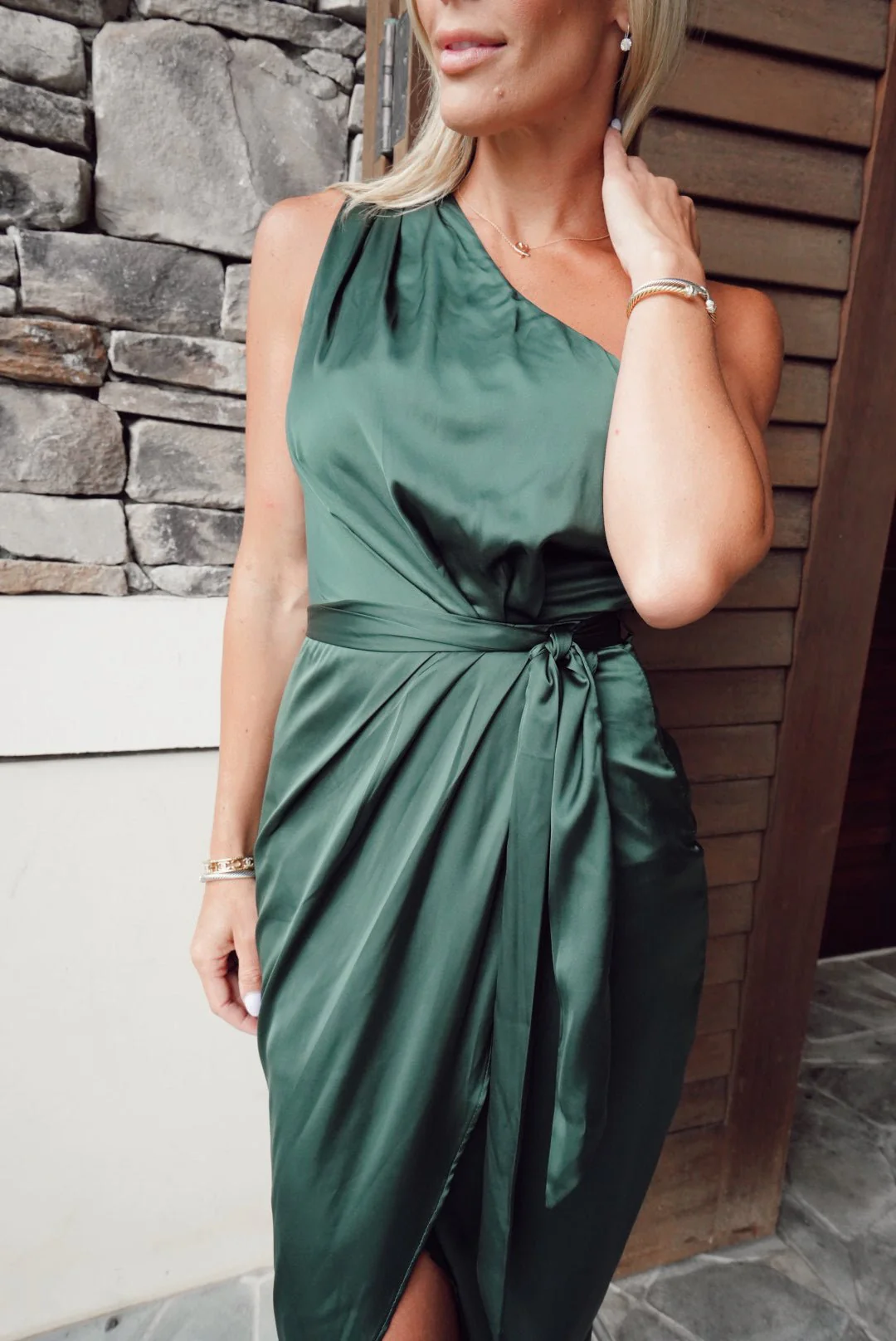 Celia One Shoulder Midi Dress | Dark Green