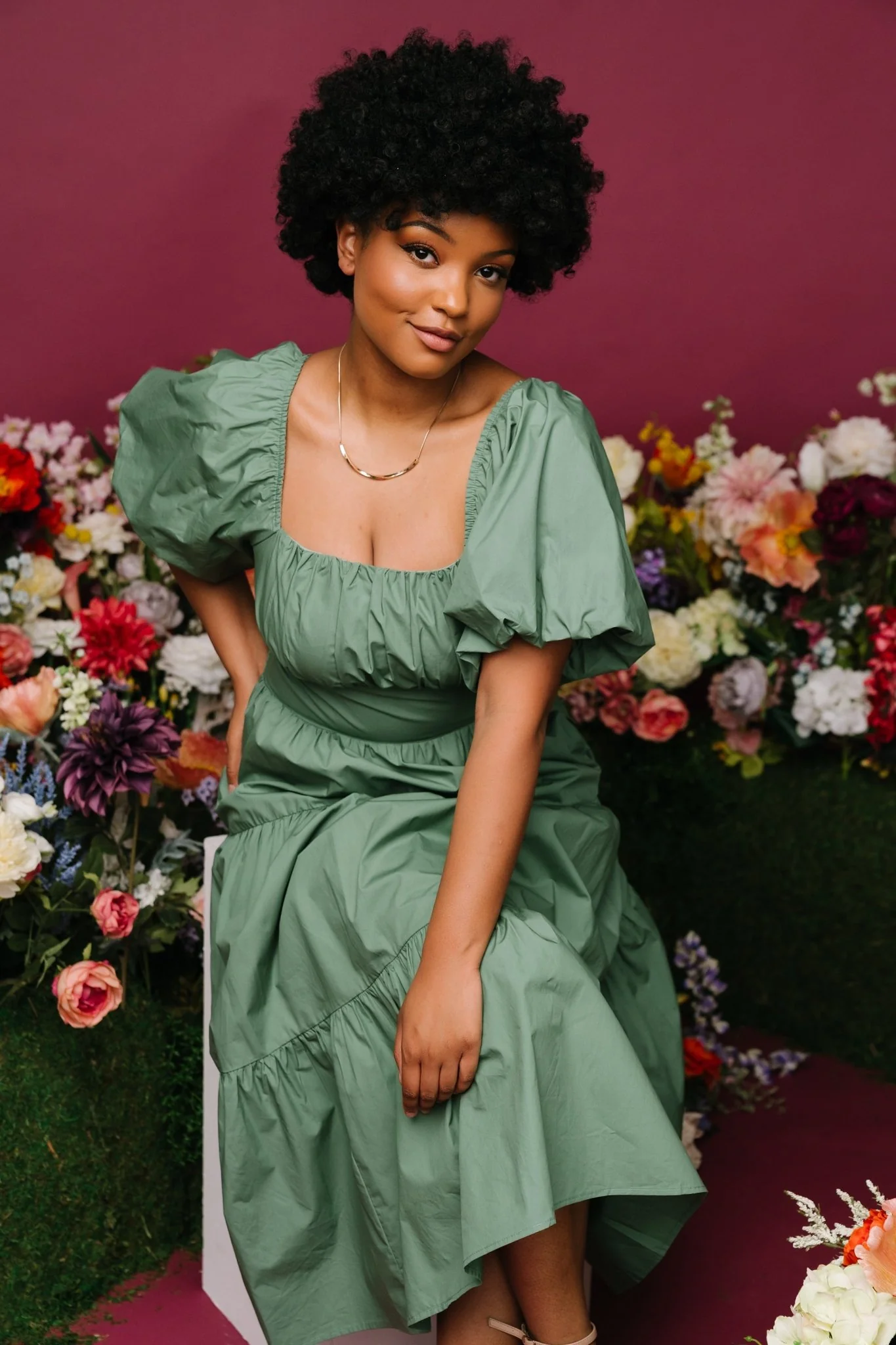 Cindy Puff Sleeve Tiered Dress | Dusty Green