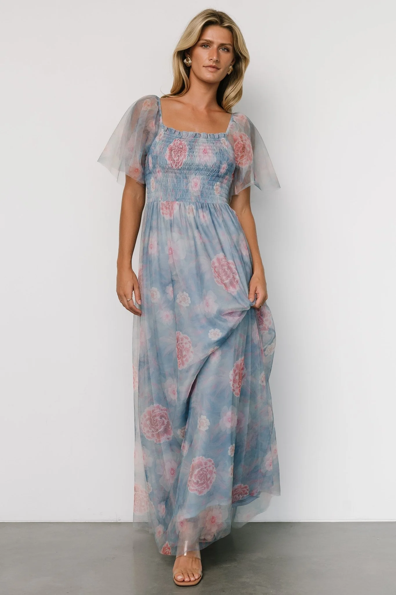 Cassandra Tulle Maxi Dress | Light Blue + Pink Floral