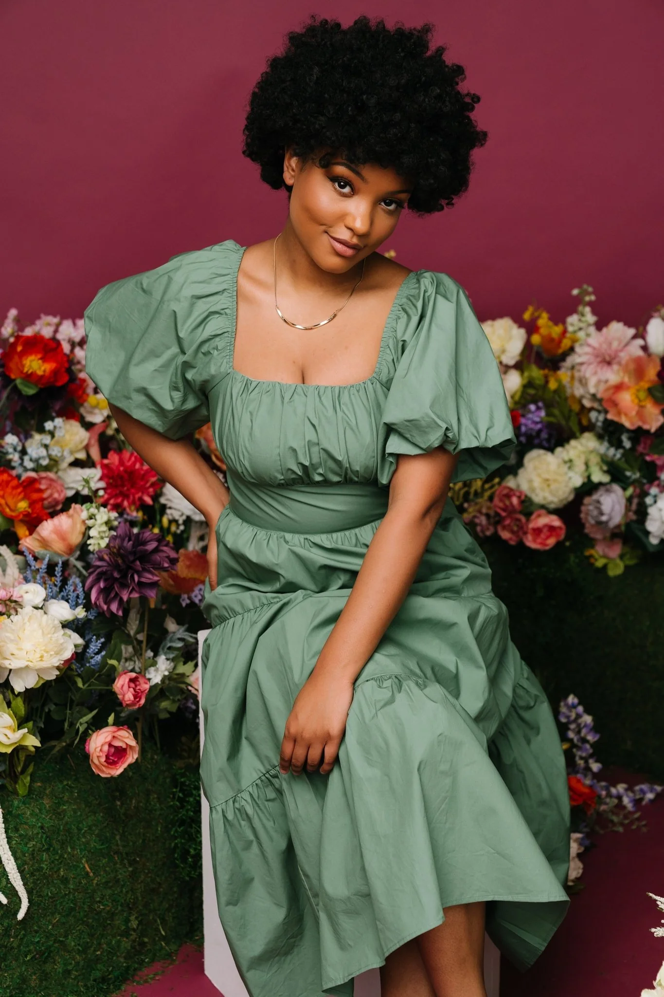 Cindy Puff Sleeve Tiered Dress | Dusty Green