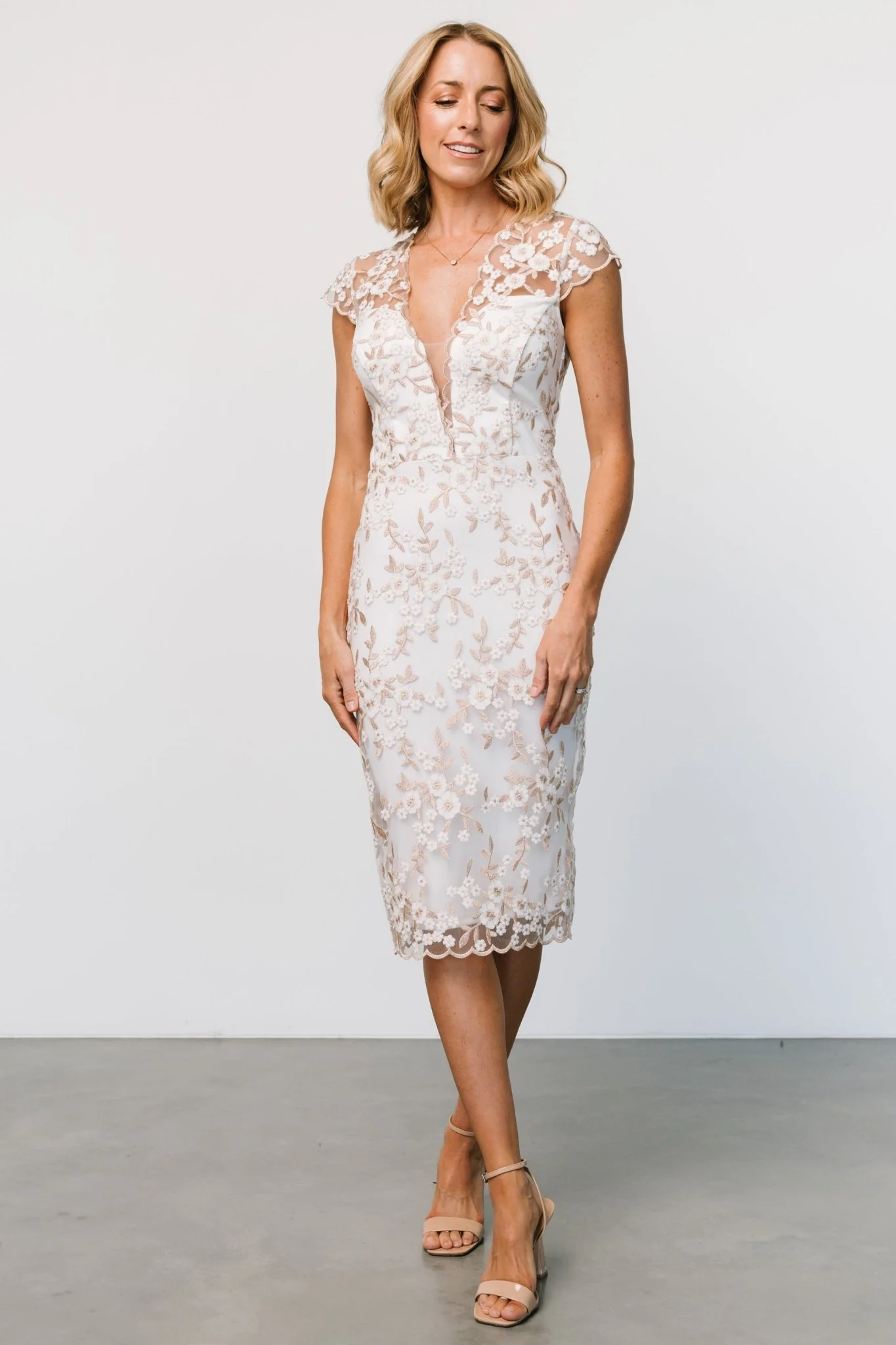 Monique Embroidered Midi Dress | White + Gold