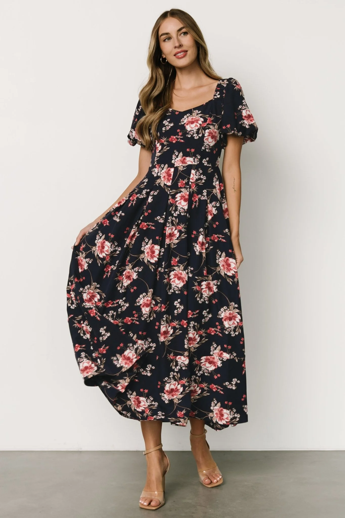Greta Pleated Maxi Dress | Navy + Pink Floral