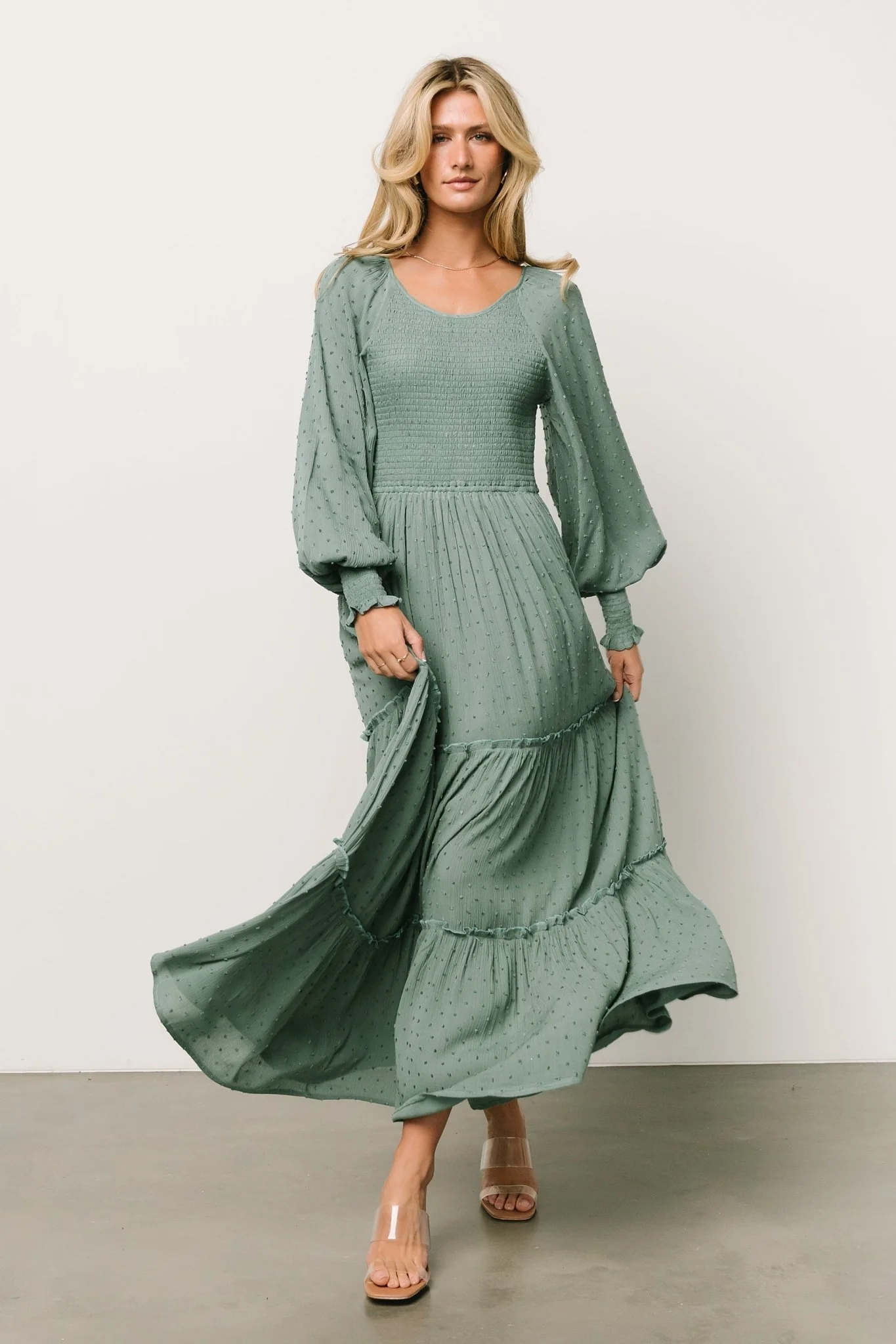 Bayley Smocked Dotted Maxi Dress | Dark Eucalyptus