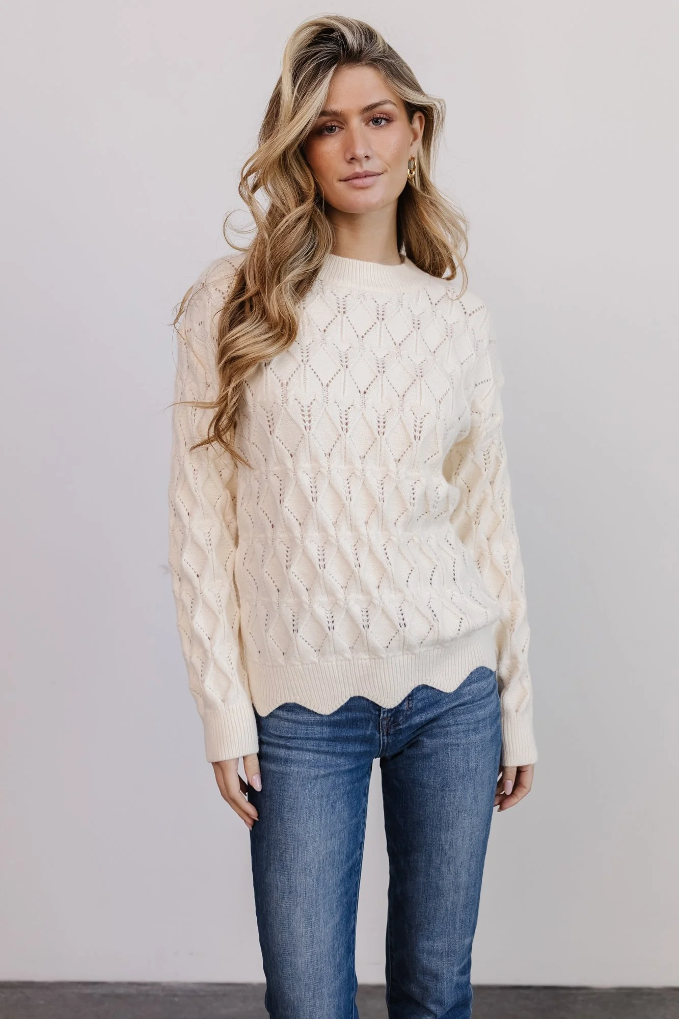 Perle Eyelet Scallop Sweater | Cream