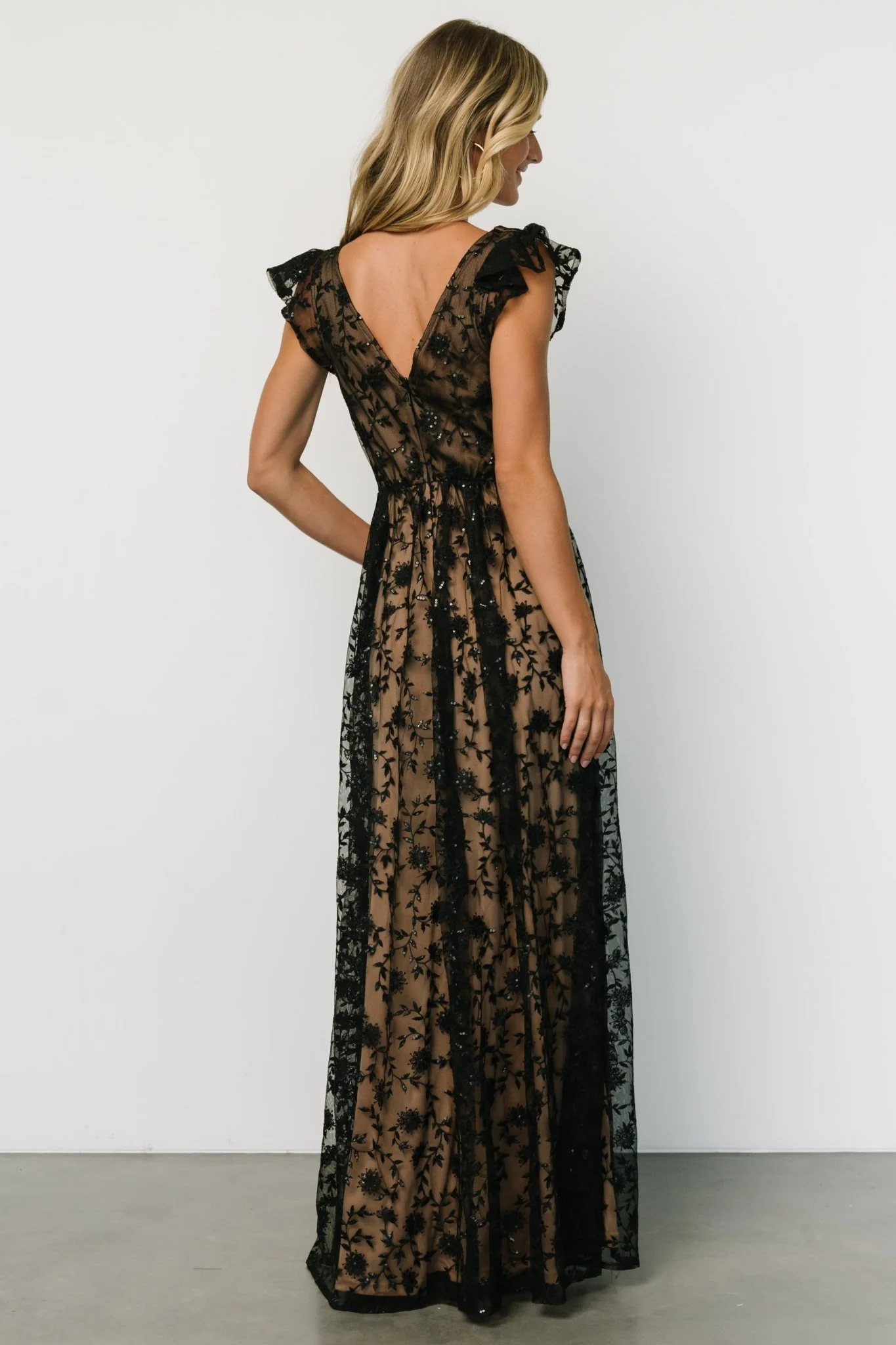 Alexa Embroidered Sequin Maxi Dress | Black + Nude