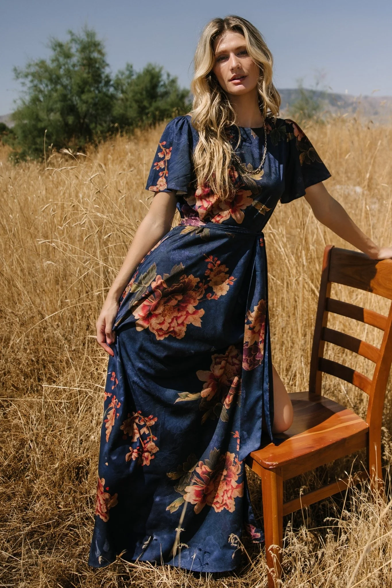 Agnes Satin Maxi Dress | Navy Floral