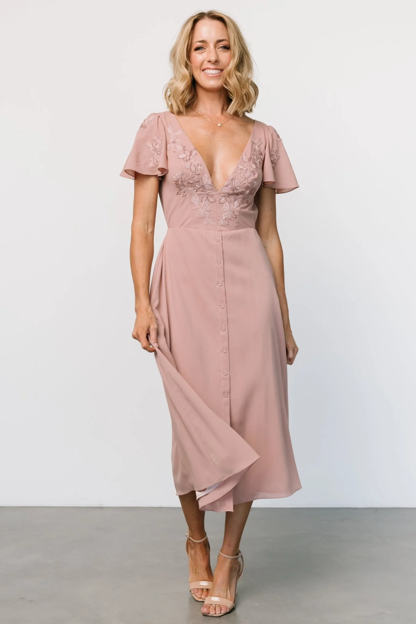 Swan Bead Embroidered Midi Dress | Dusty Rose
