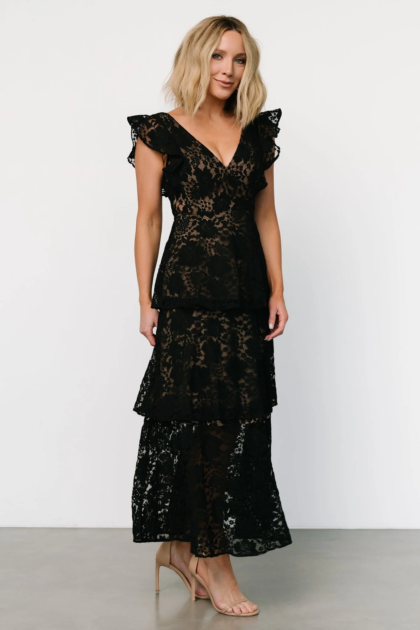 Margot Lace Tiered Maxi Dress | Black + Nude