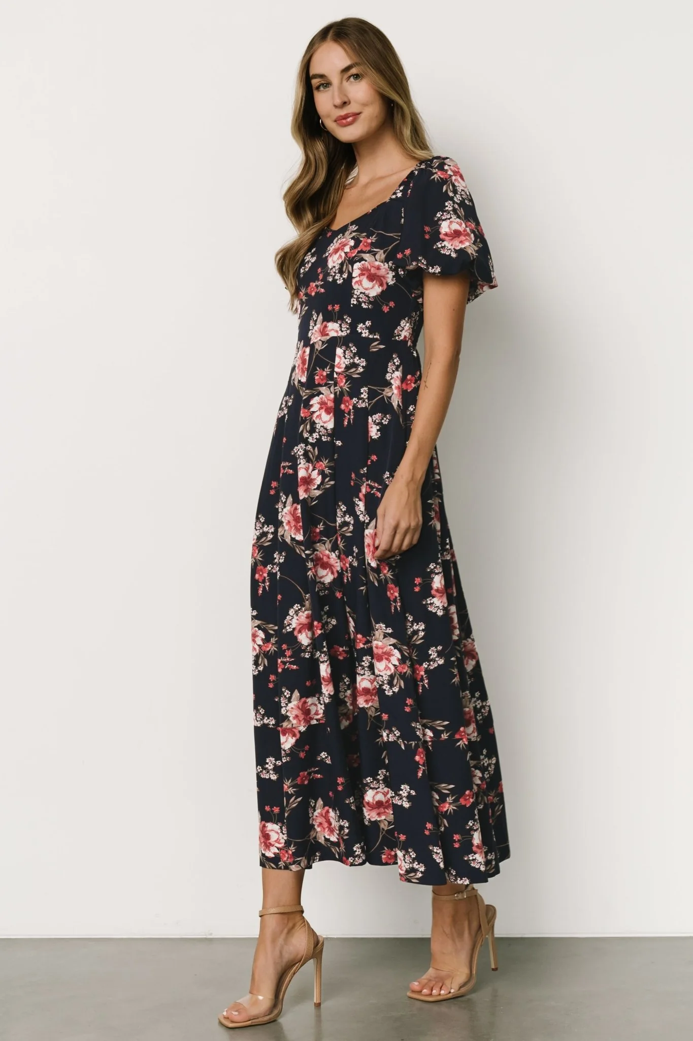 Greta Pleated Maxi Dress | Navy + Pink Floral