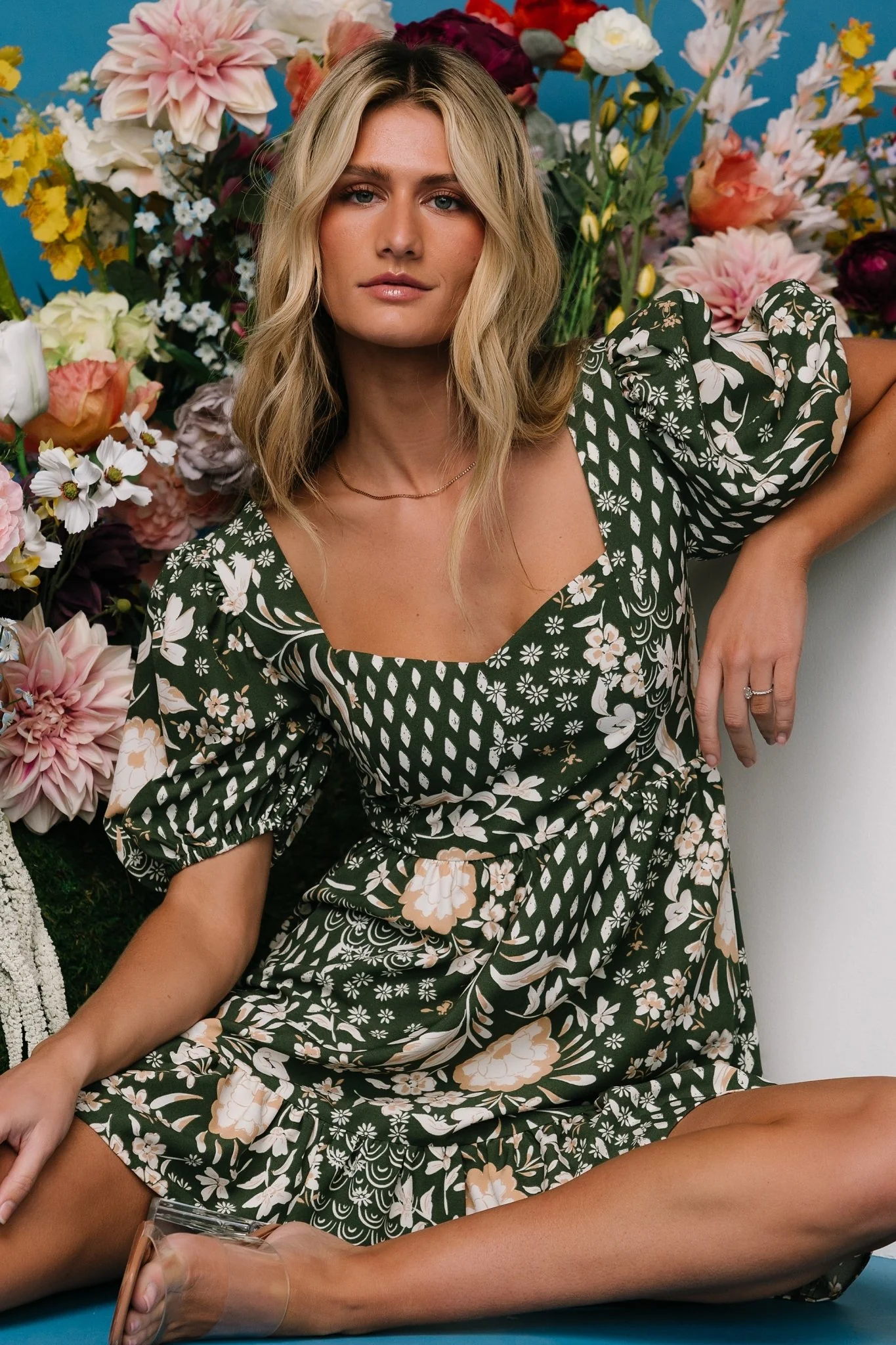 Clea Sweetheart Mini Dress | Olive Multi